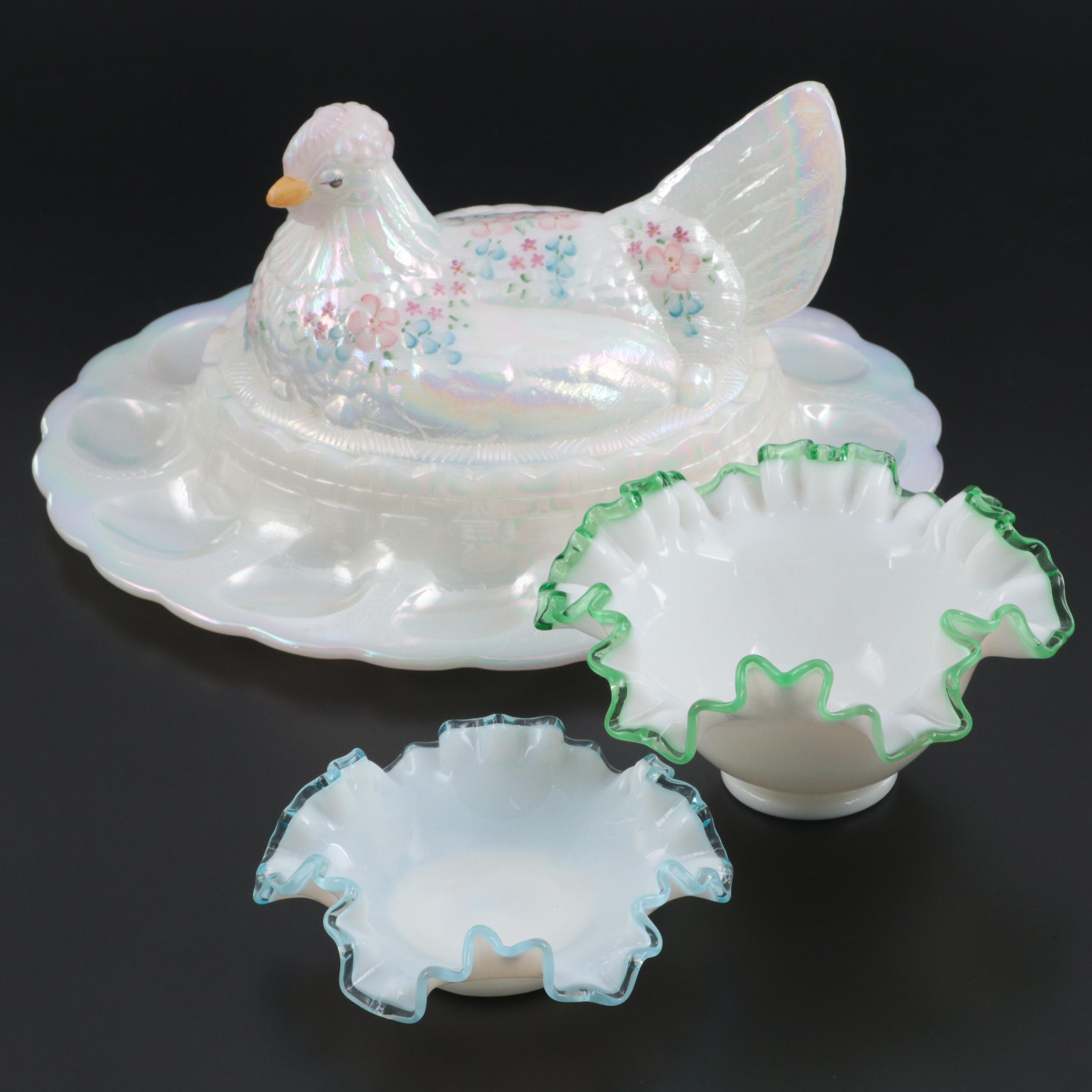 Fenton Limited Edition Artist Signed Glass Deviled Egg Server with Bowls