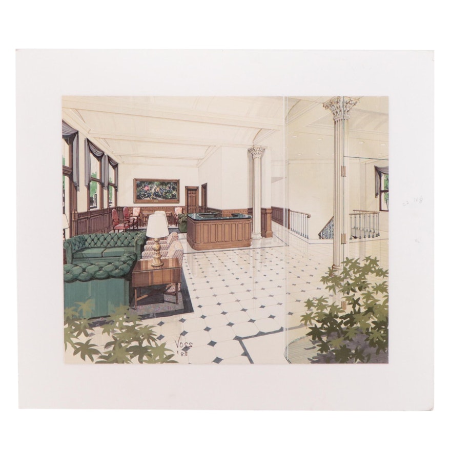 Voss Mixed Media Drawing of Hotel Lobby Interior, 1983