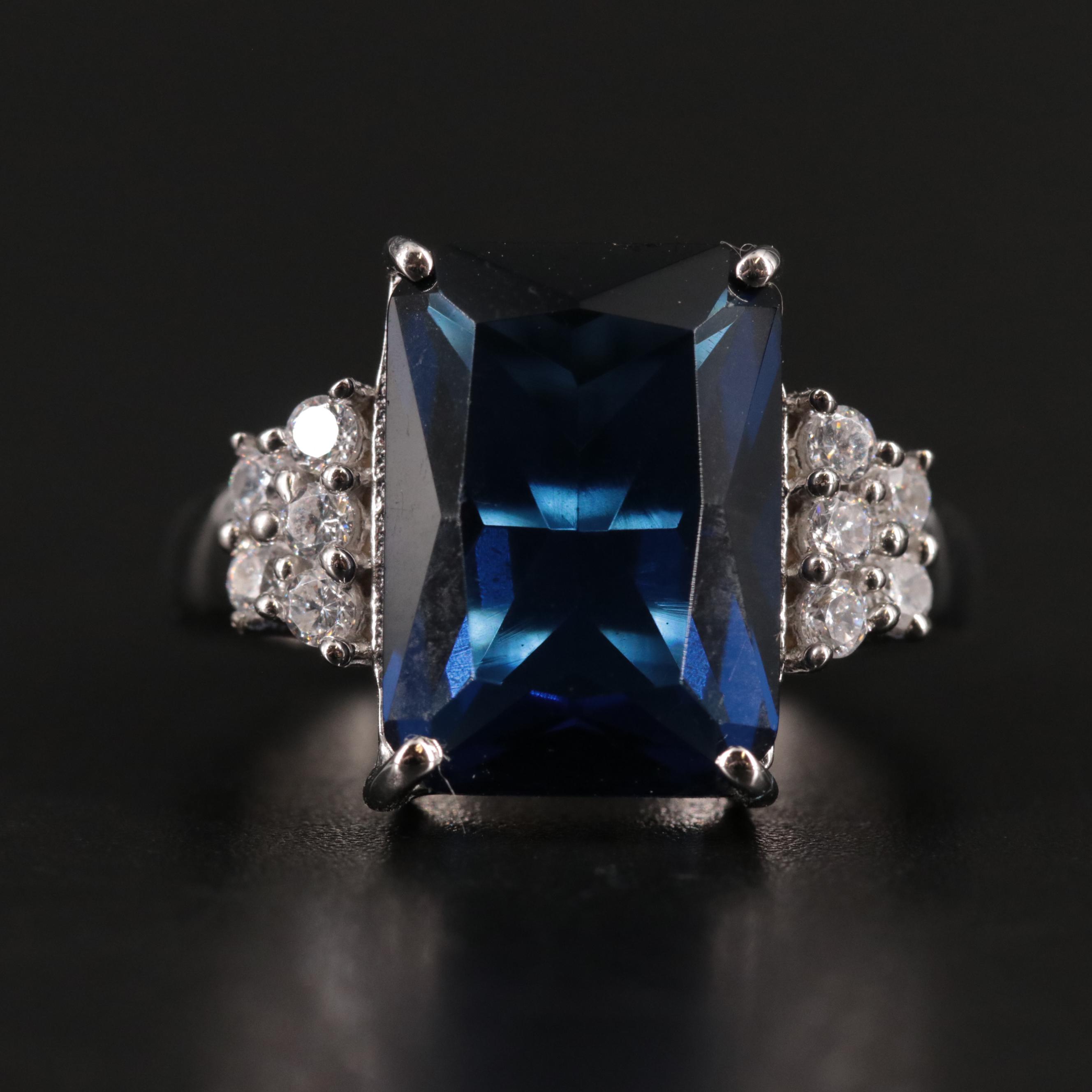 Sterling Sapphire and Cubic Zirconia Cocktail Ring