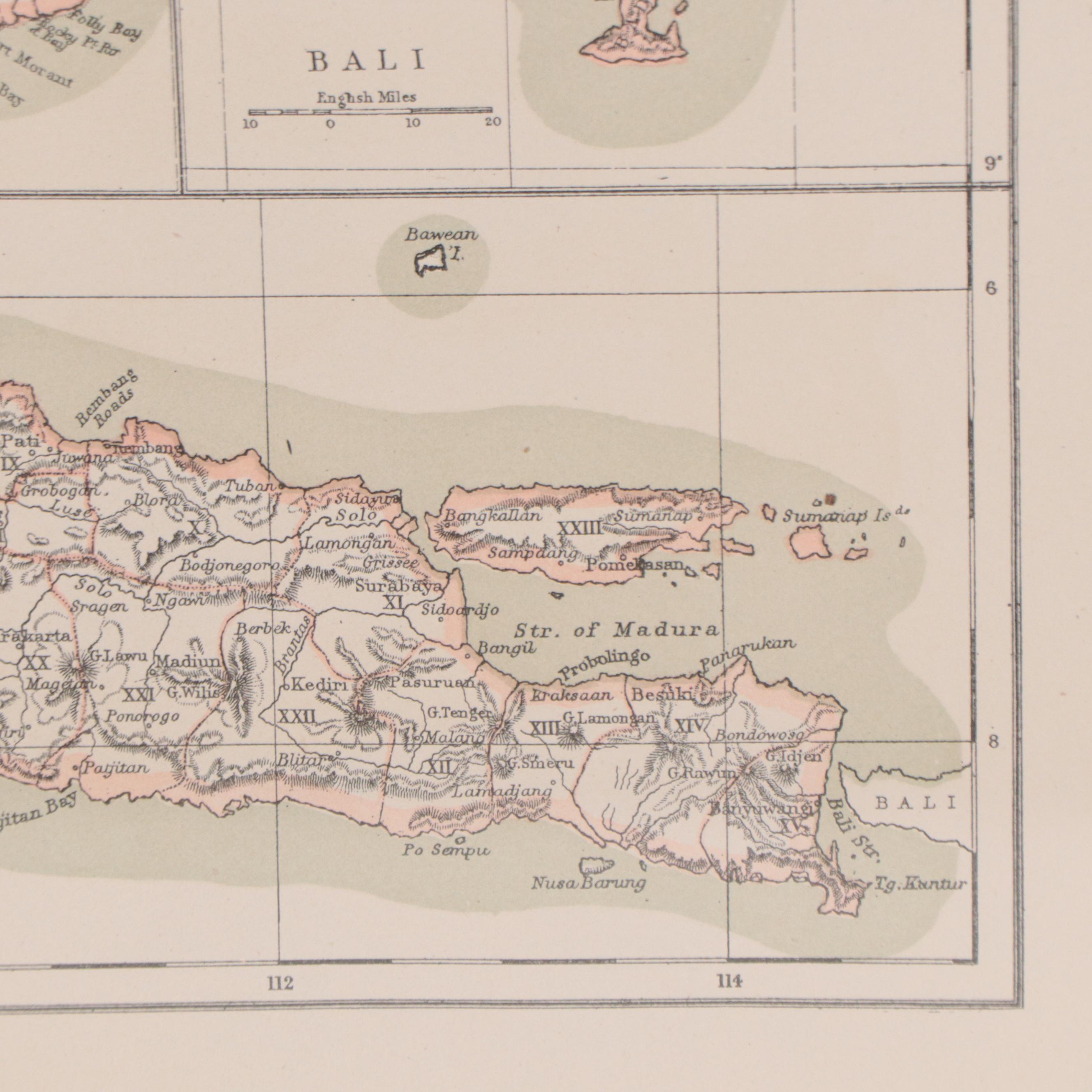 Encyclopædia Britannica Wax Engraving Map of Jamaica, Java and Bali, Circa 1880