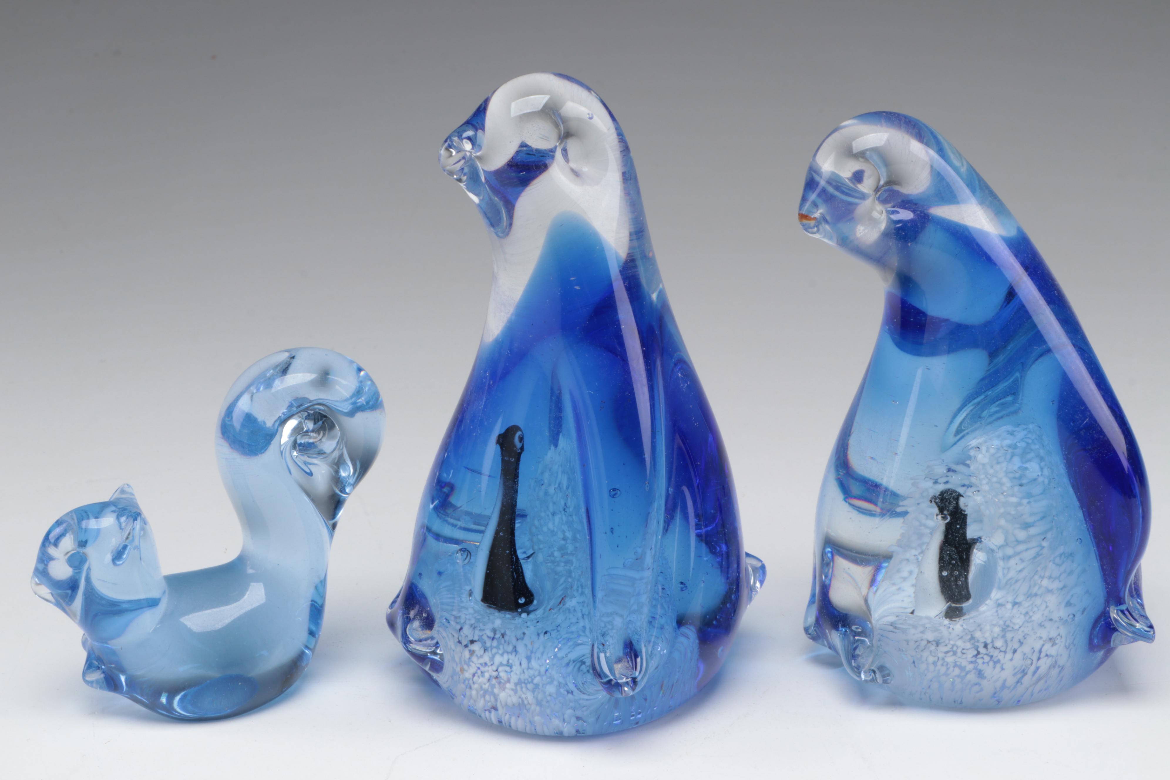 Nybro Frosted Glass Seal with Fenton Bird and Other Glass Animals