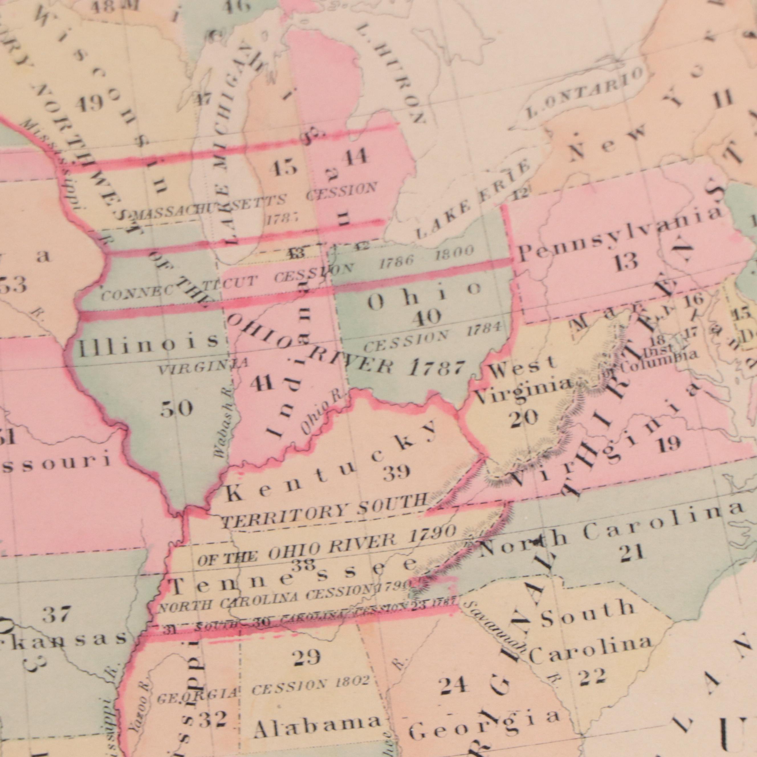 Hand-Colored Wax Engraving "Gray's Historical Maps of United States," Circa 1877