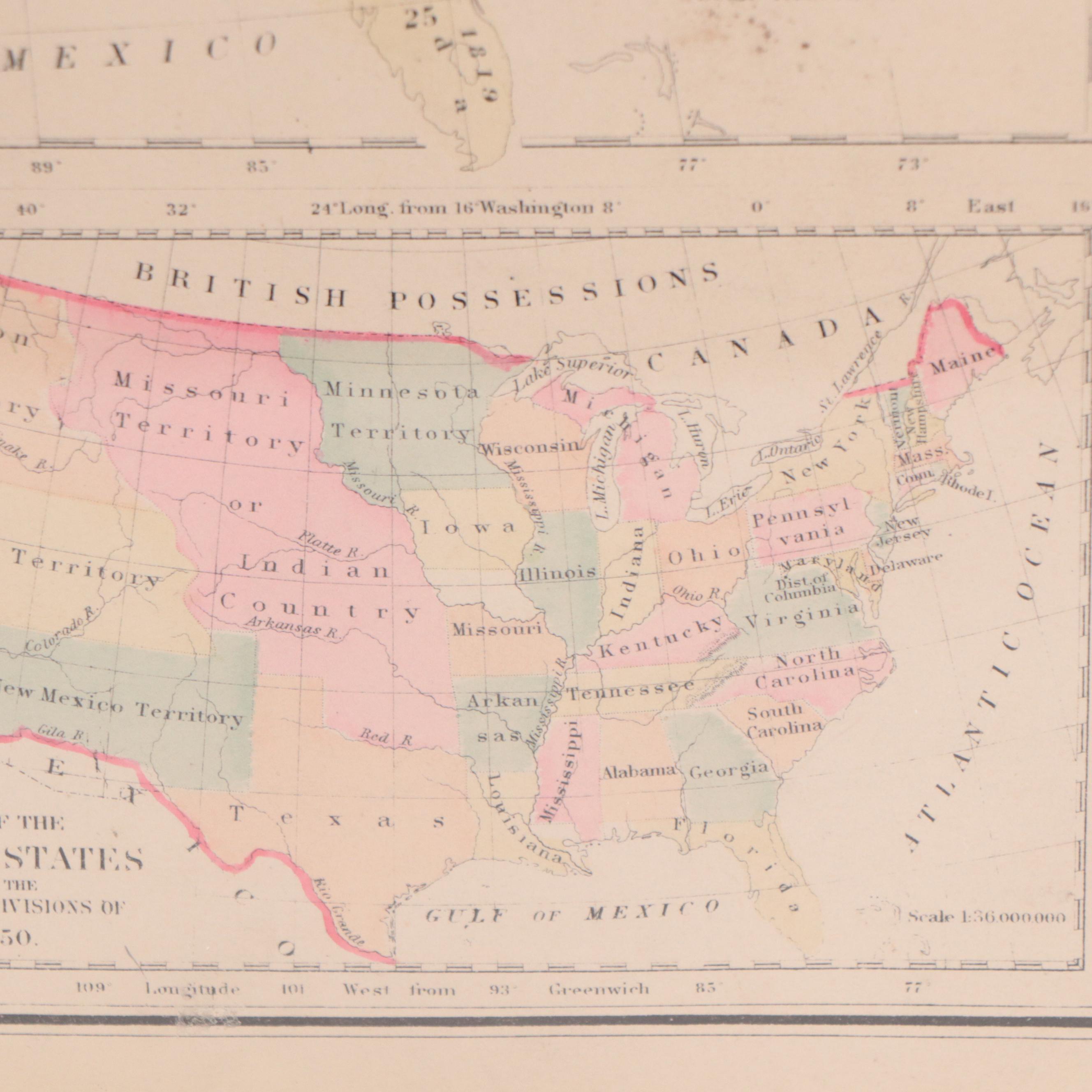 Hand-Colored Wax Engraving "Gray's Historical Maps of United States," Circa 1877