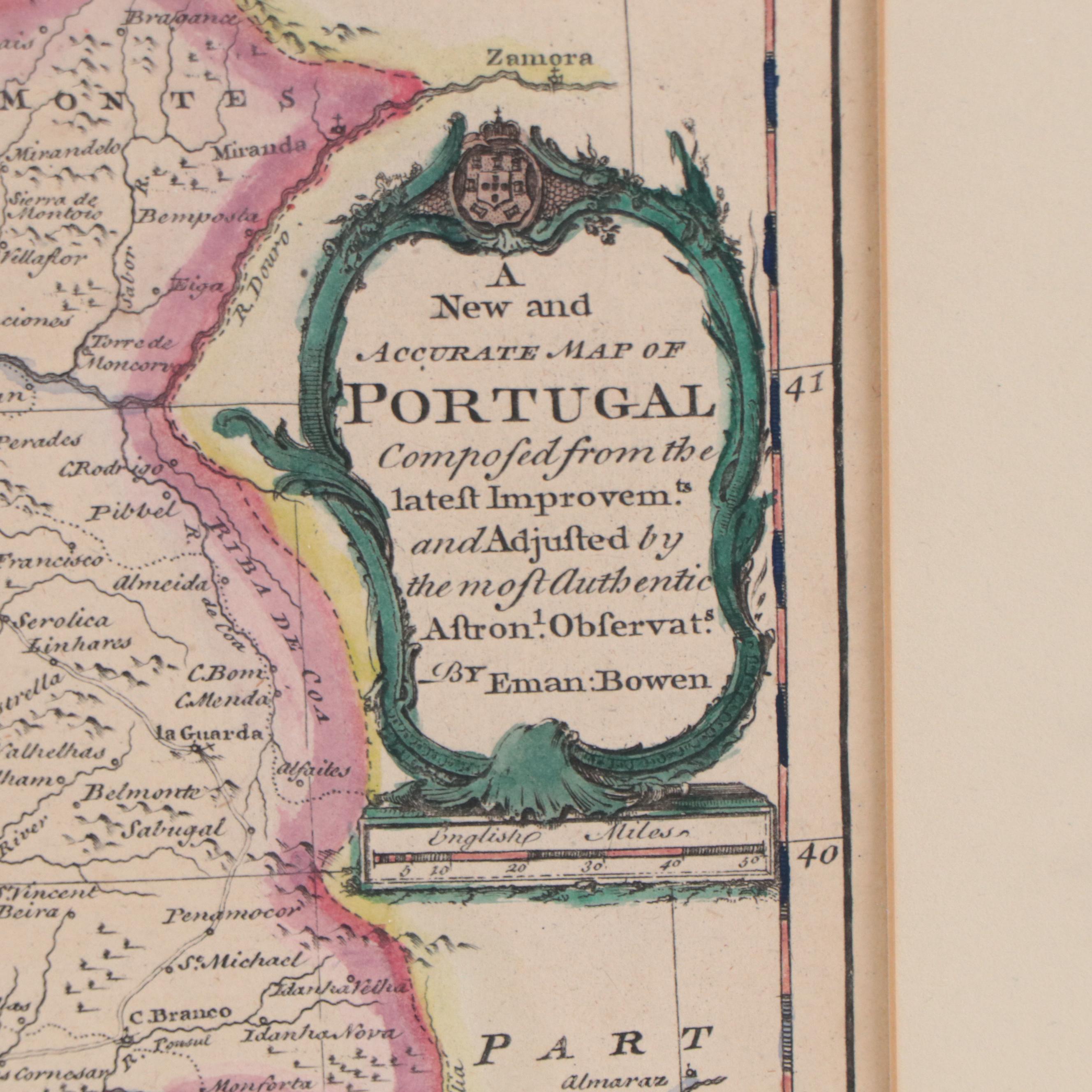 Emanuel Bowen Hand-Colored Engraving of Map of Portugal