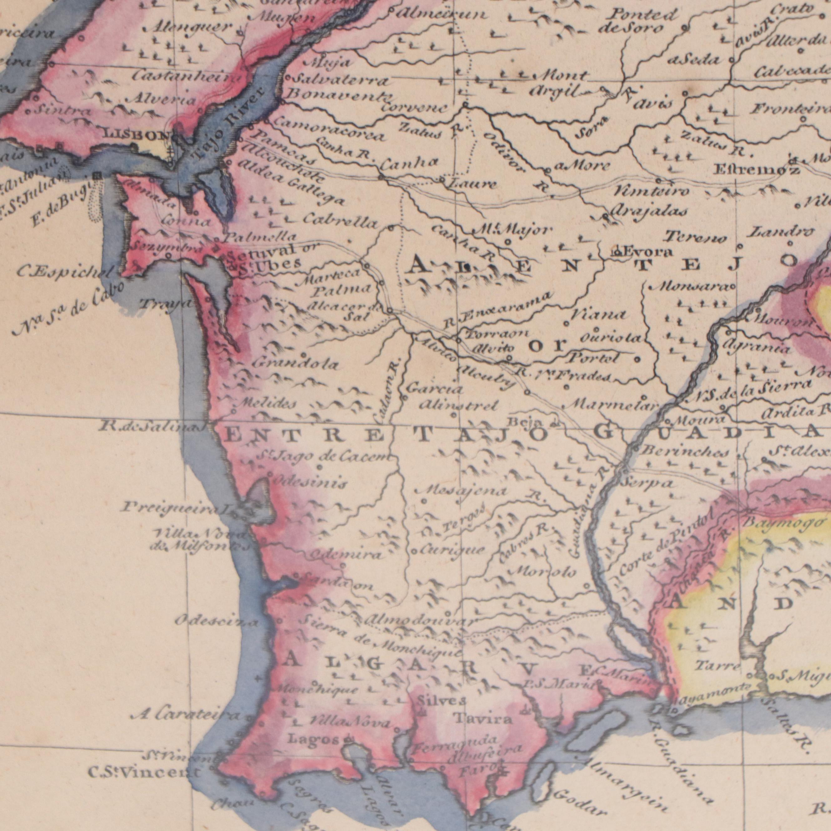 Emanuel Bowen Hand-Colored Engraving of Map of Portugal