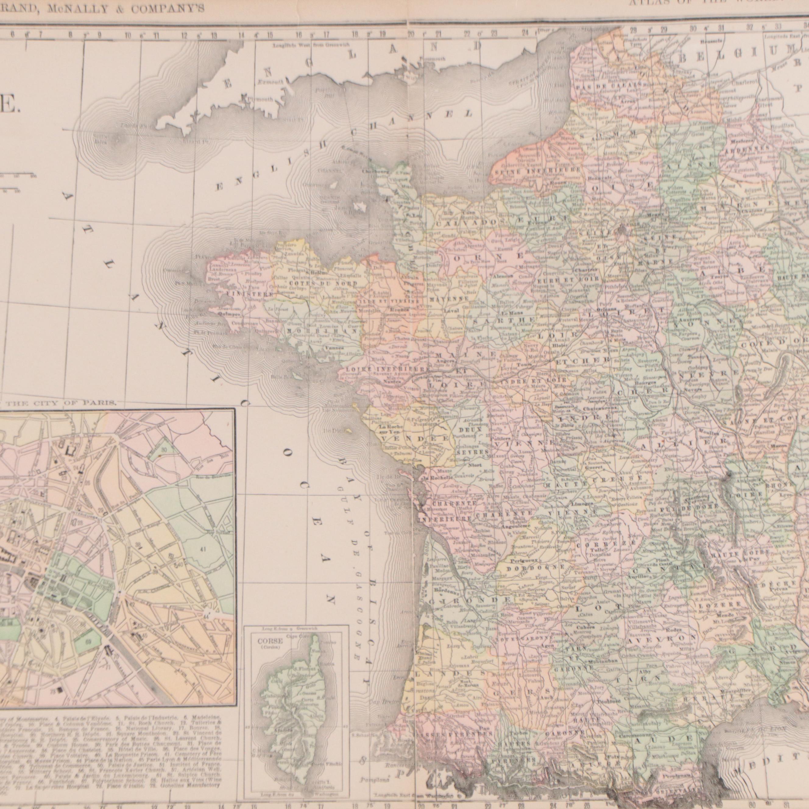 Rand, McNally & Company Wax Engraving Map of France, Circa 1888