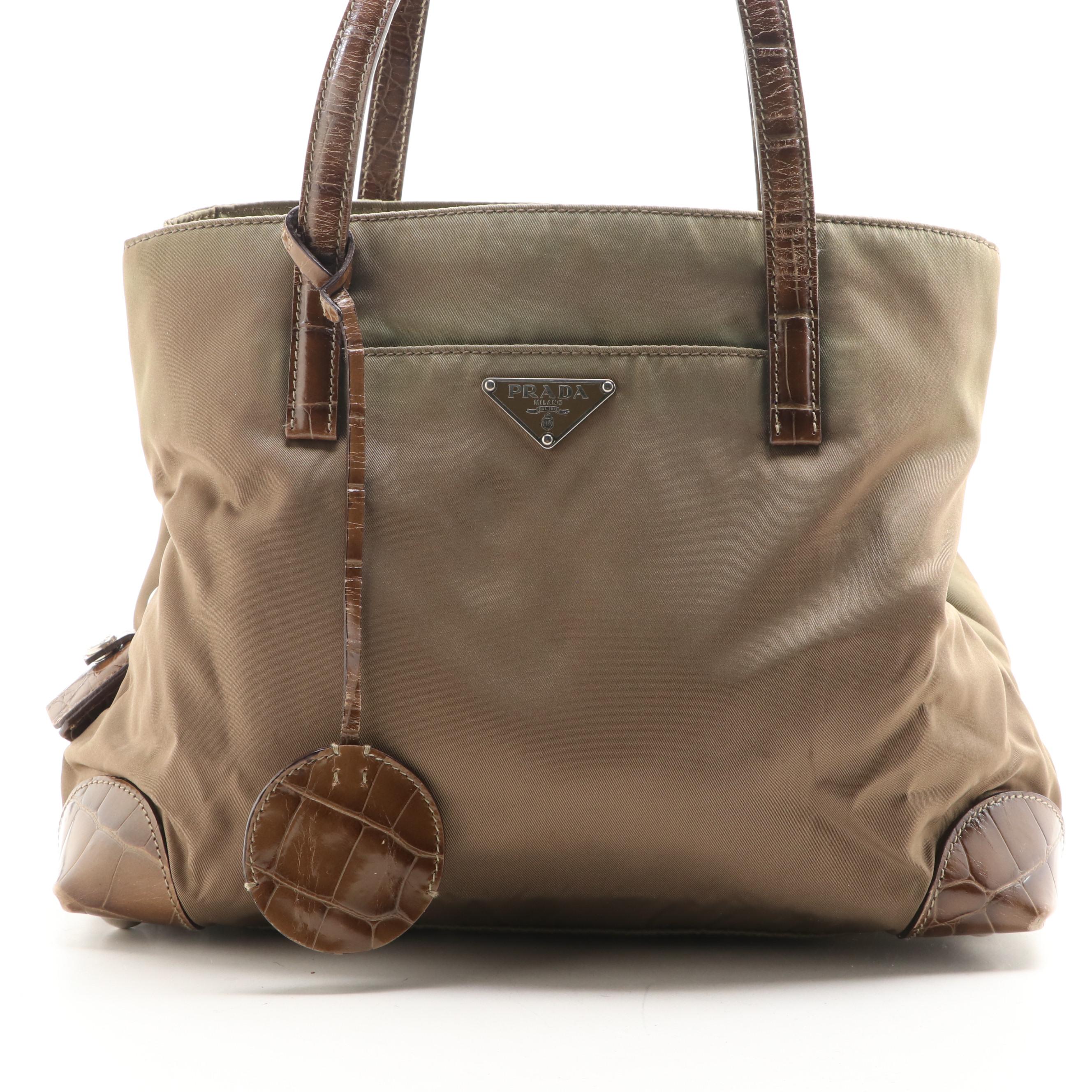 Prada Small Tote in Nylon and Embossed Leather