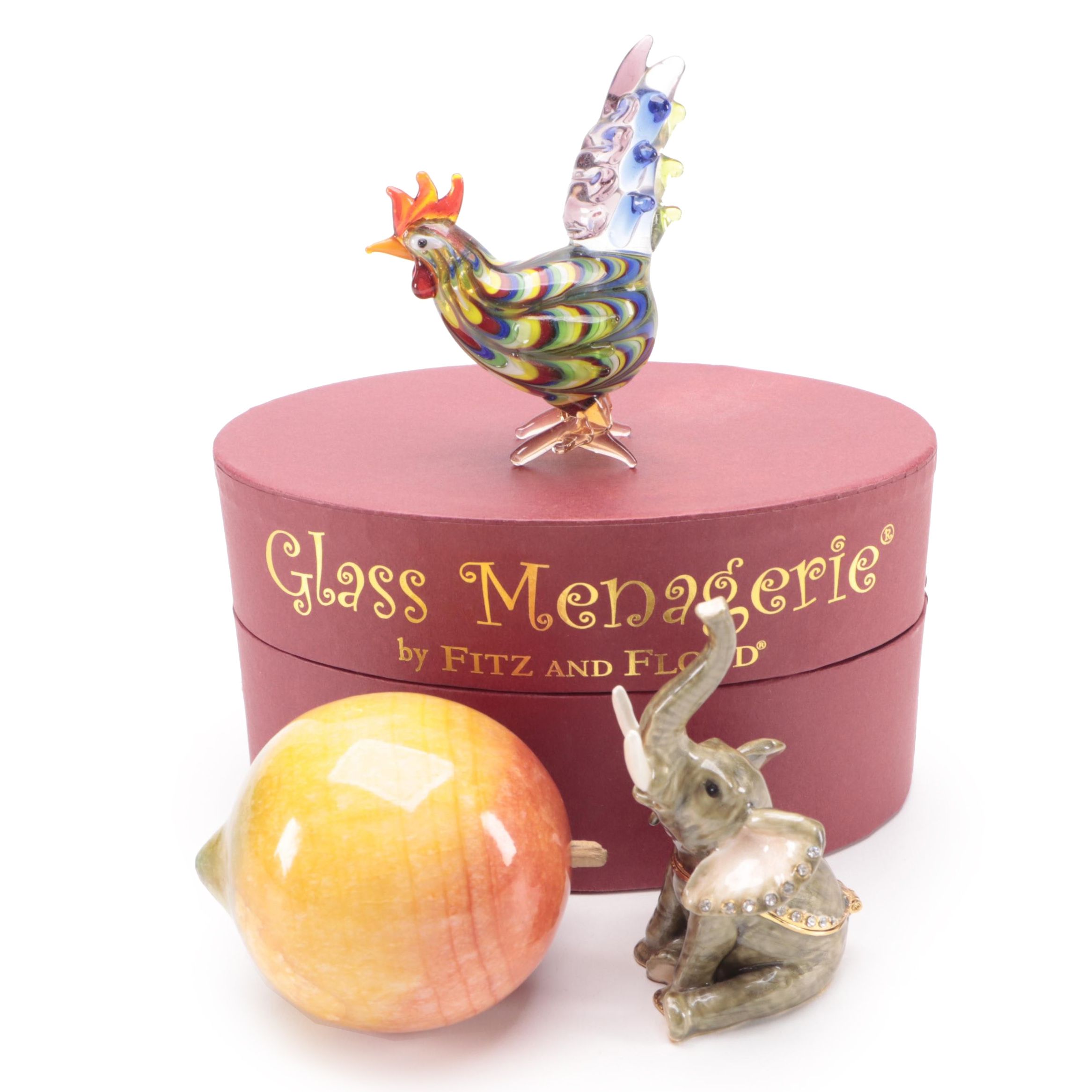 Fitz and Floyd "Glass Menagerie" Rooster with Enameled Box and Stone Peach