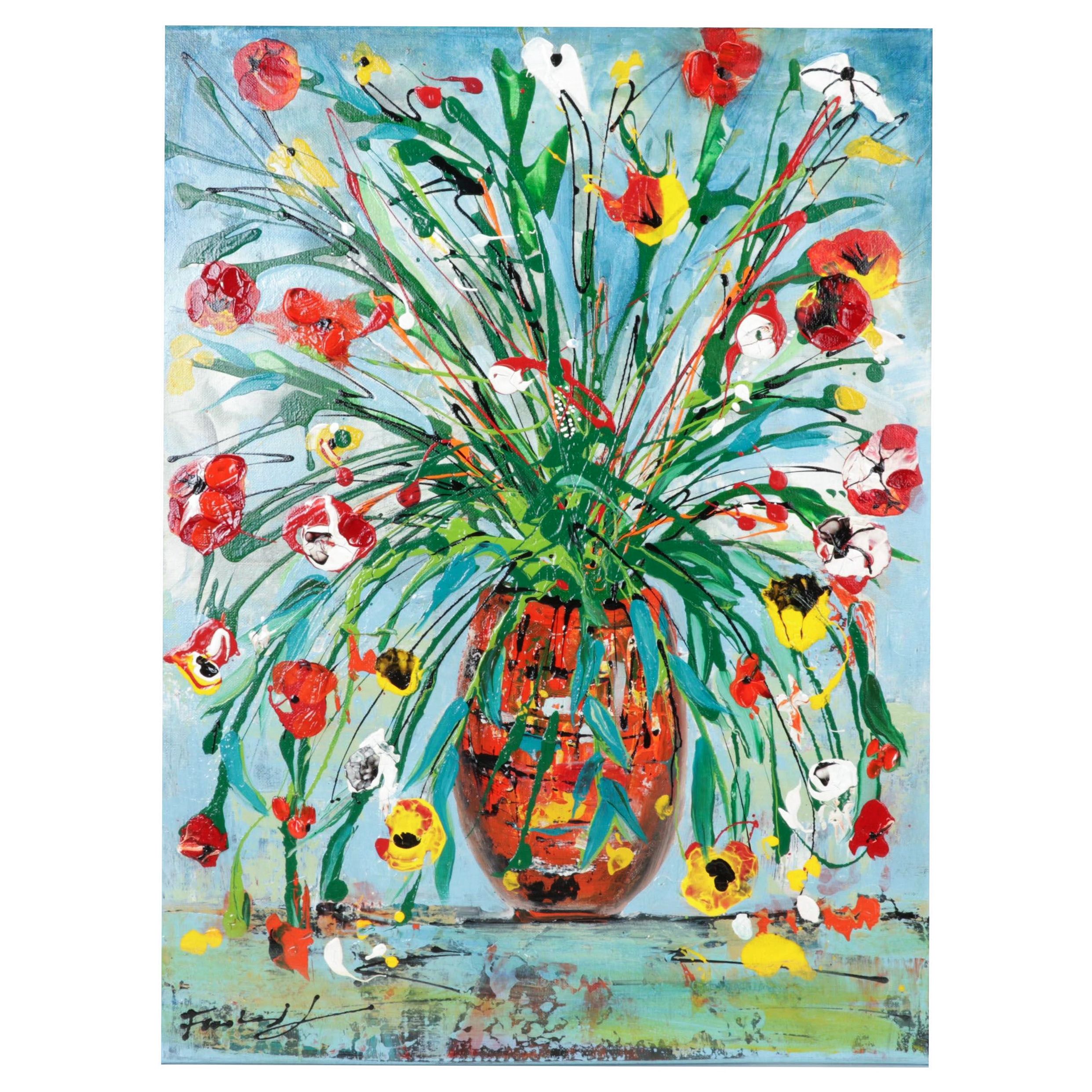 Farshad Lanjani Still Life Acrylic Painting of Flowers in Vase, 21st Century