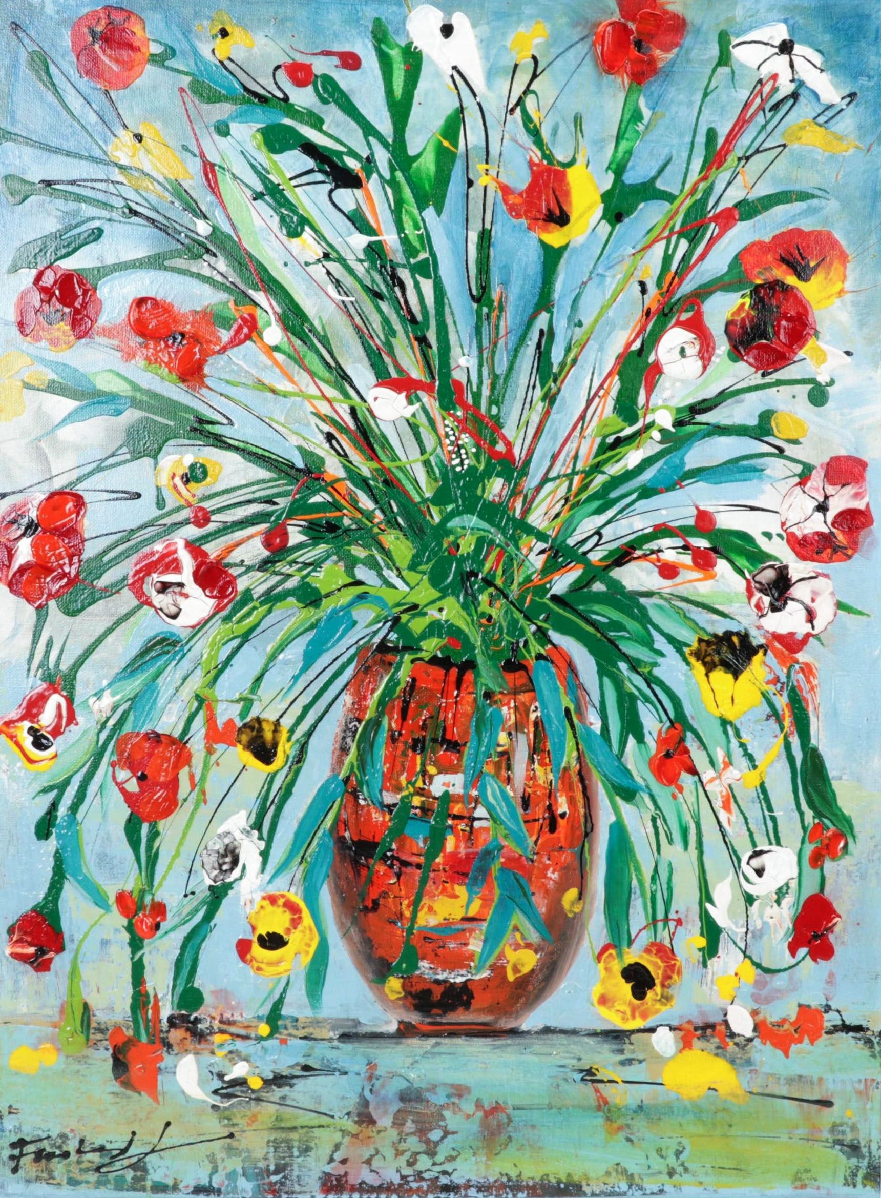 Farshad Lanjani Still Life Acrylic Painting of Flowers in Vase, 21st Century