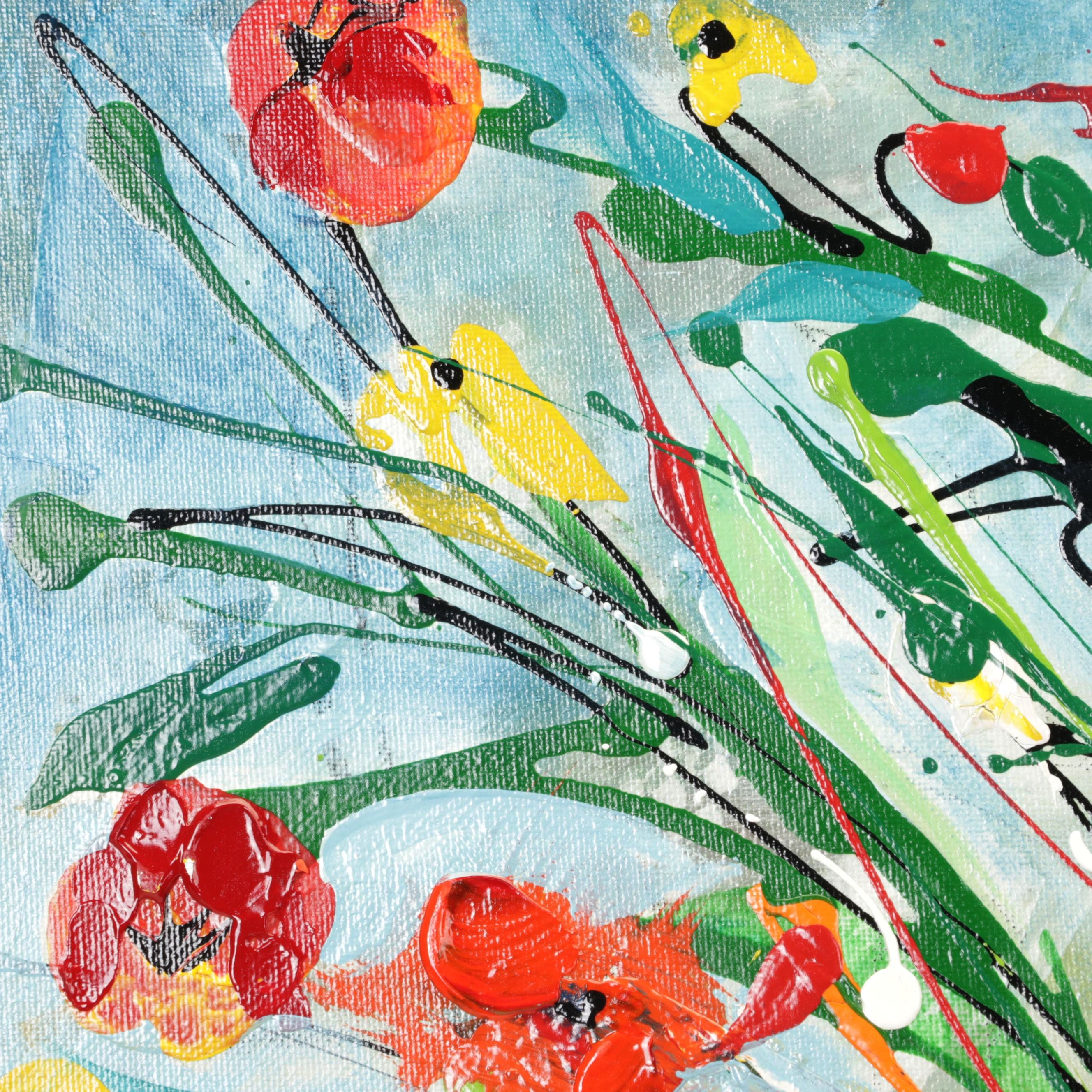 Farshad Lanjani Still Life Acrylic Painting of Flowers in Vase, 21st Century