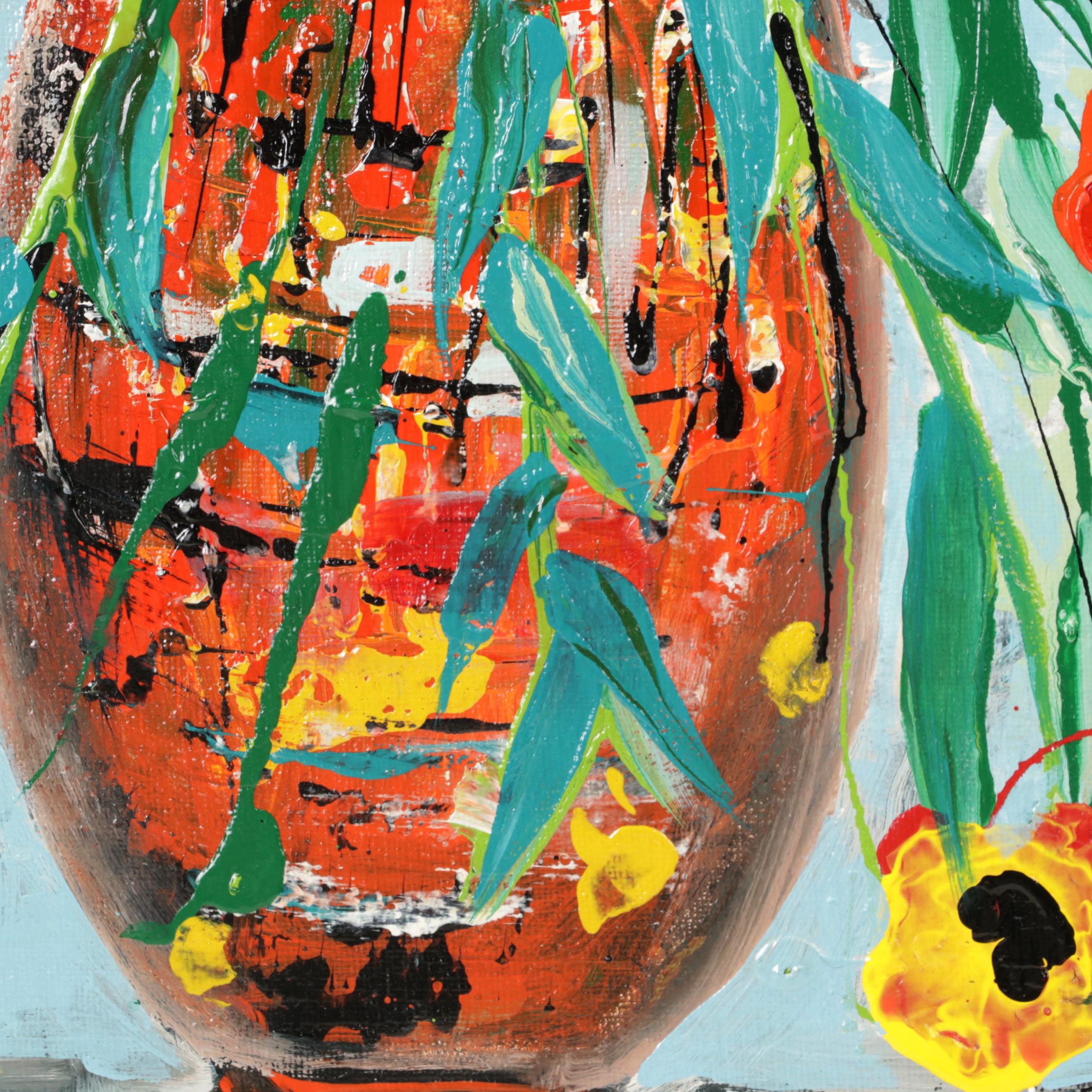 Farshad Lanjani Still Life Acrylic Painting of Flowers in Vase, 21st Century