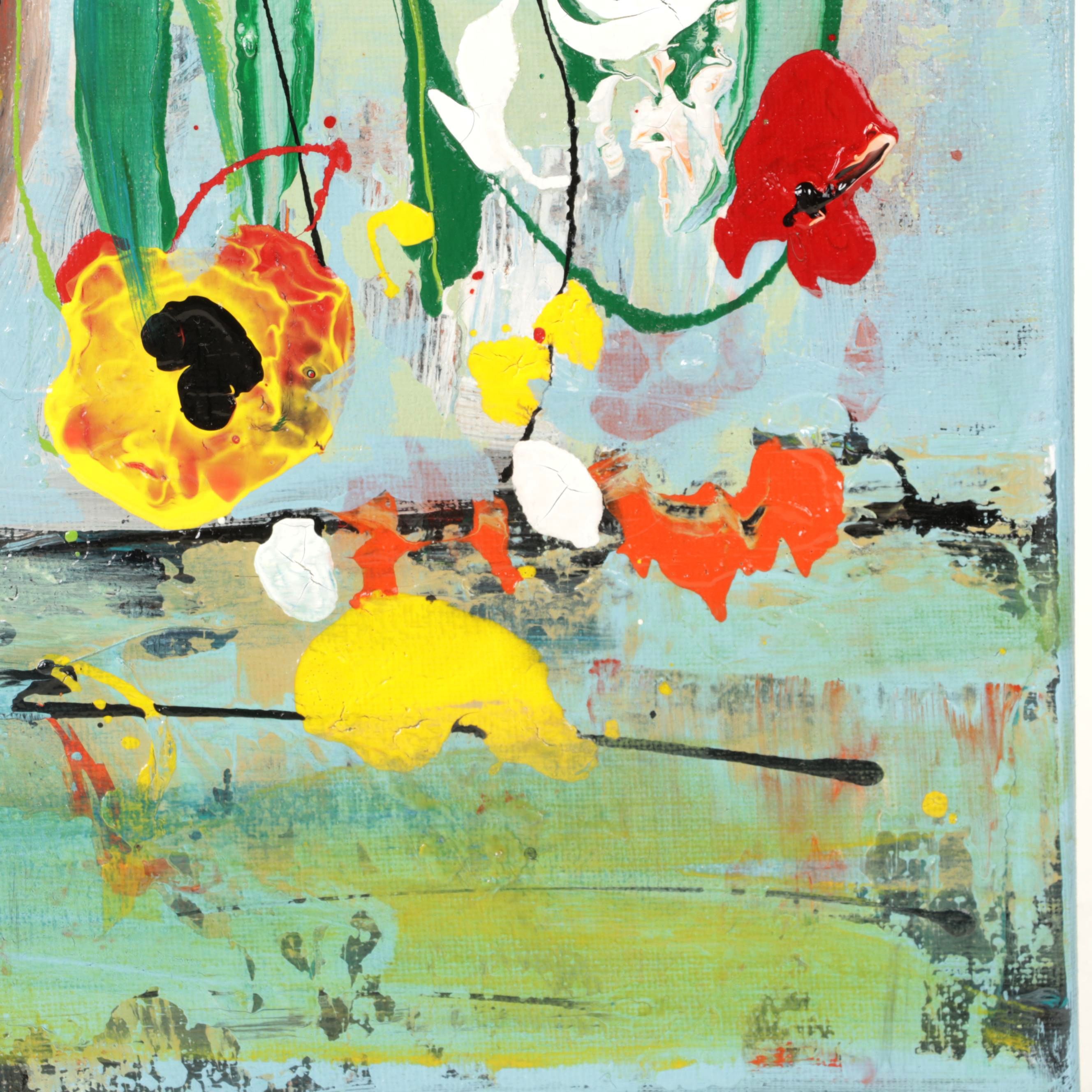 Farshad Lanjani Still Life Acrylic Painting of Flowers in Vase, 21st Century