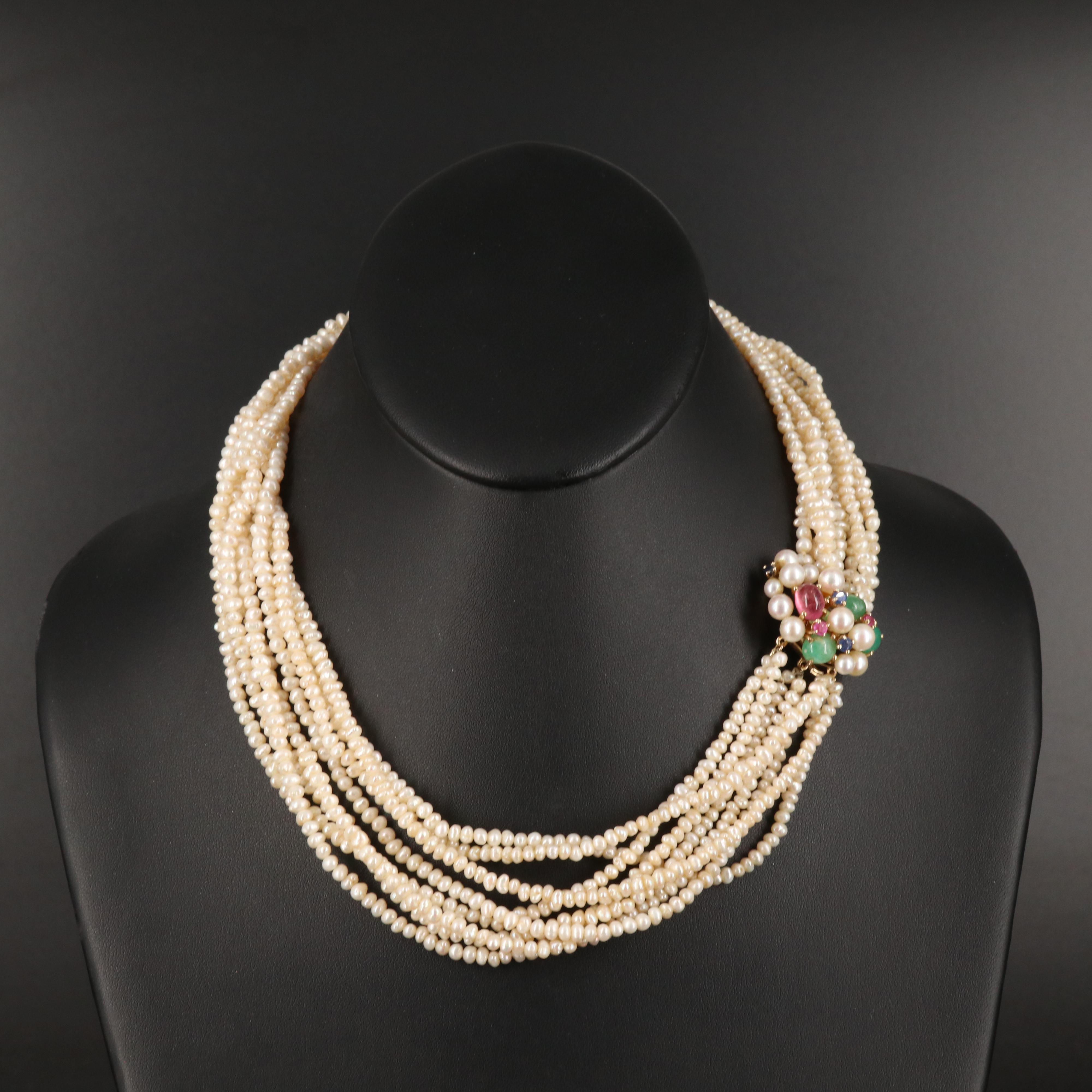Vintage 14K Pearl Torsade with Tourmaline, Emerald, Ruby and Sapphire Pendant