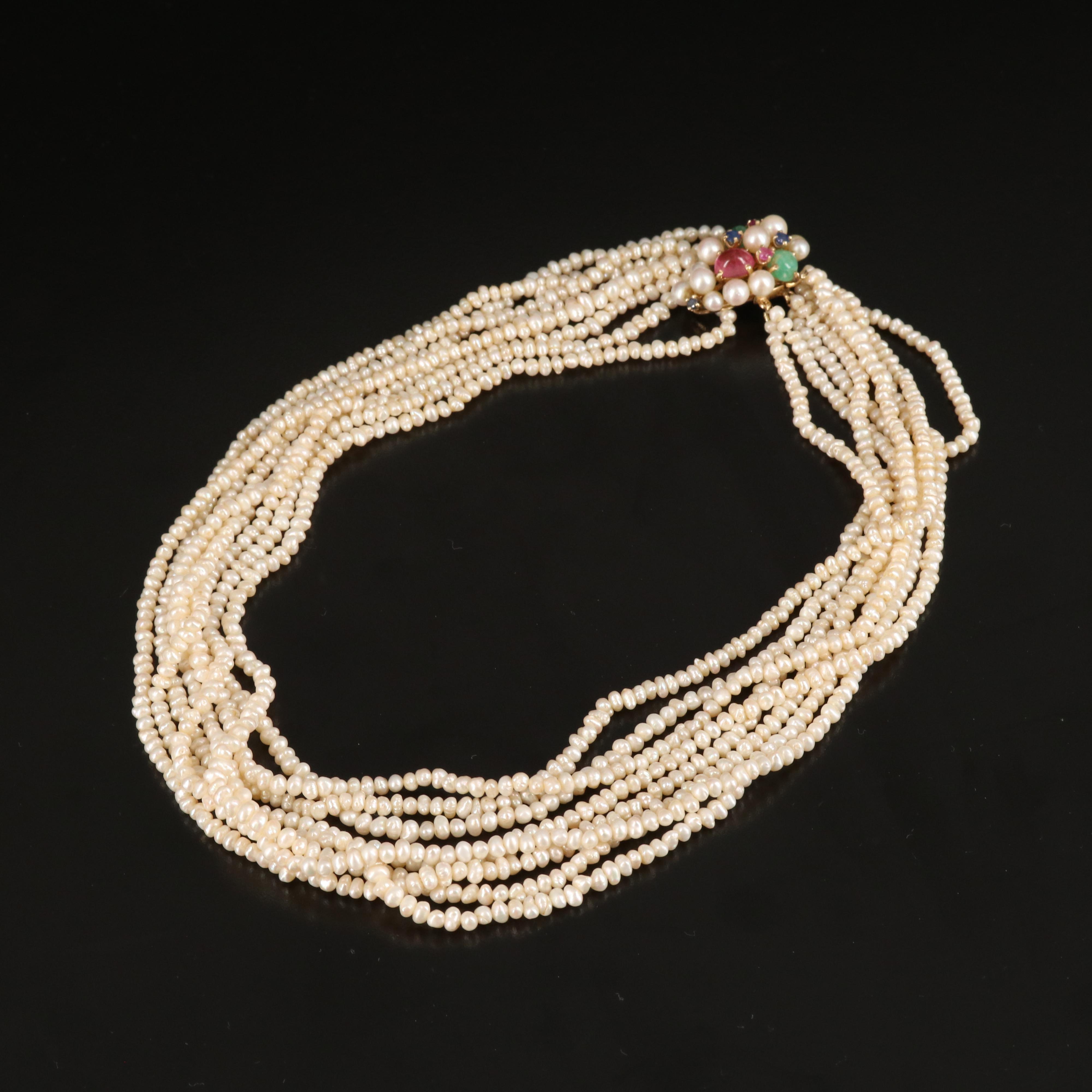 Vintage 14K Pearl Torsade with Tourmaline, Emerald, Ruby and Sapphire Pendant