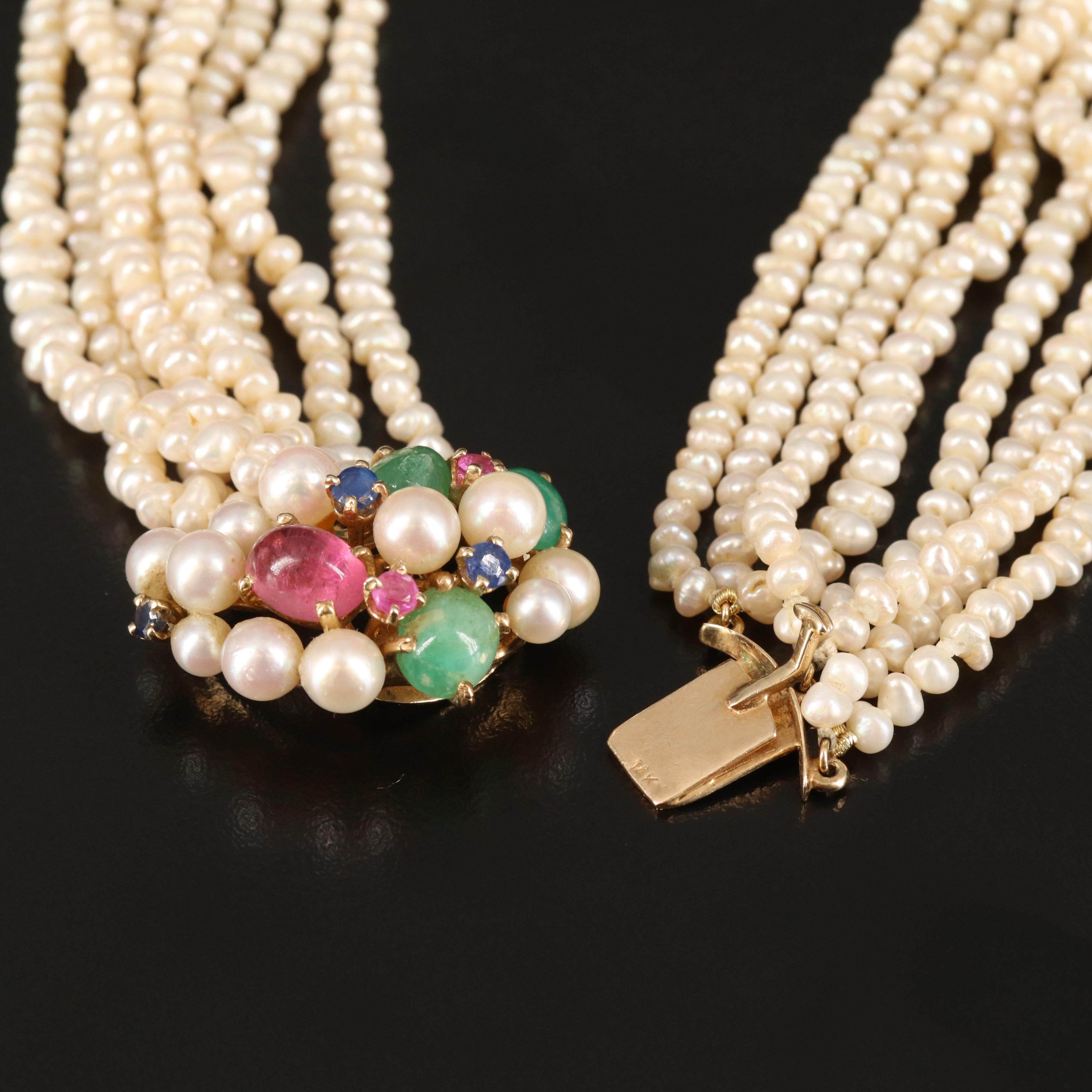 Vintage 14K Pearl Torsade with Tourmaline, Emerald, Ruby and Sapphire Pendant