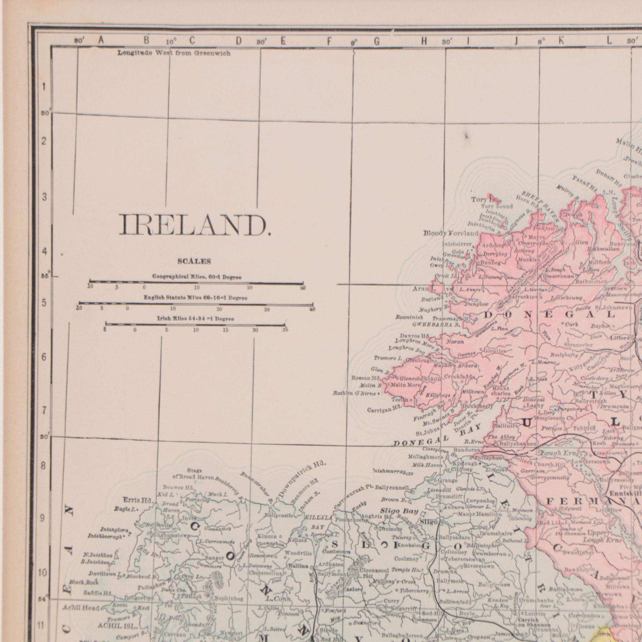 Rand, McNally & Co. Wax Engraving Map of Ireland, Circa 1888