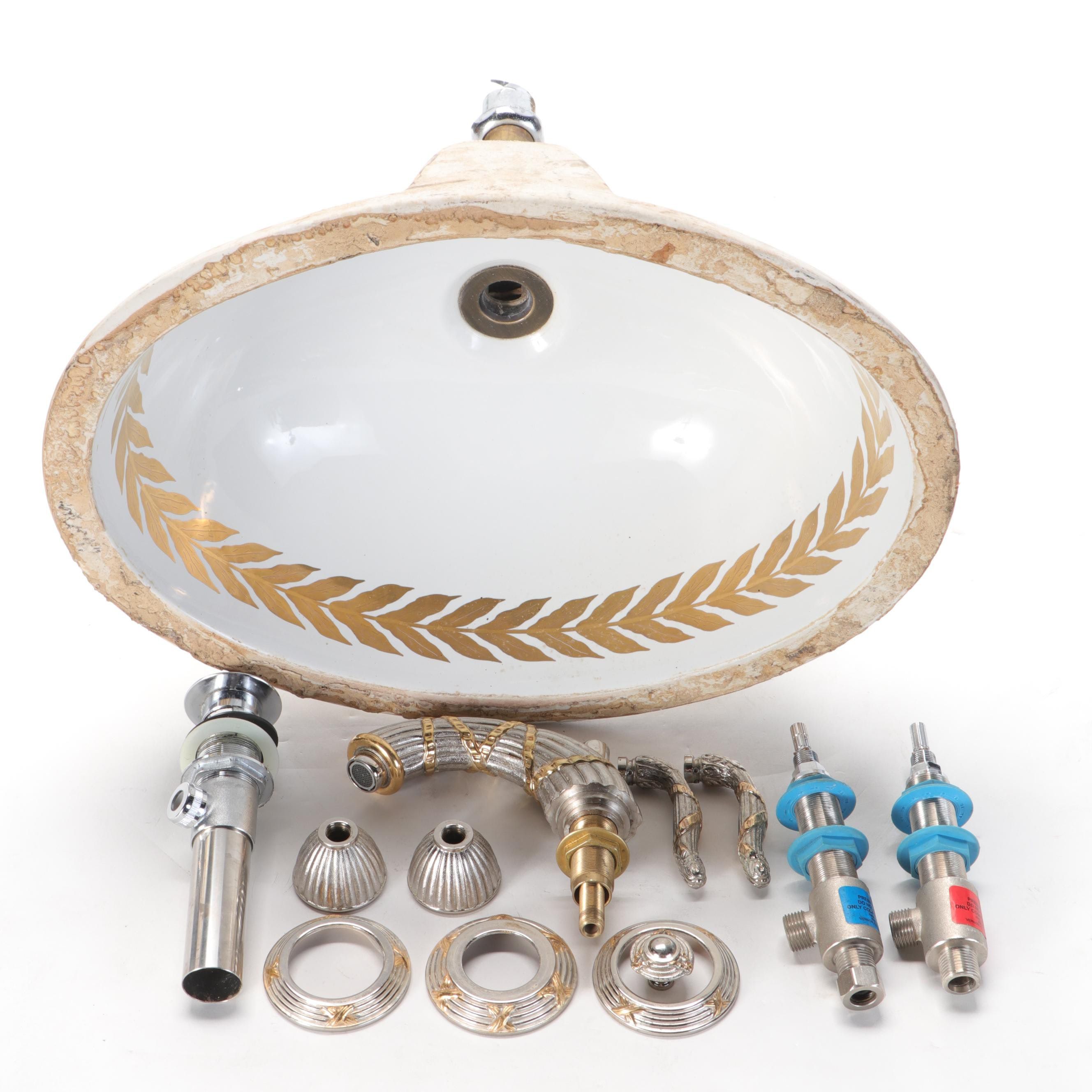 Gilt Accented Porcelain Undermount Bathroom Sink, Faucet and Drain Assemblage