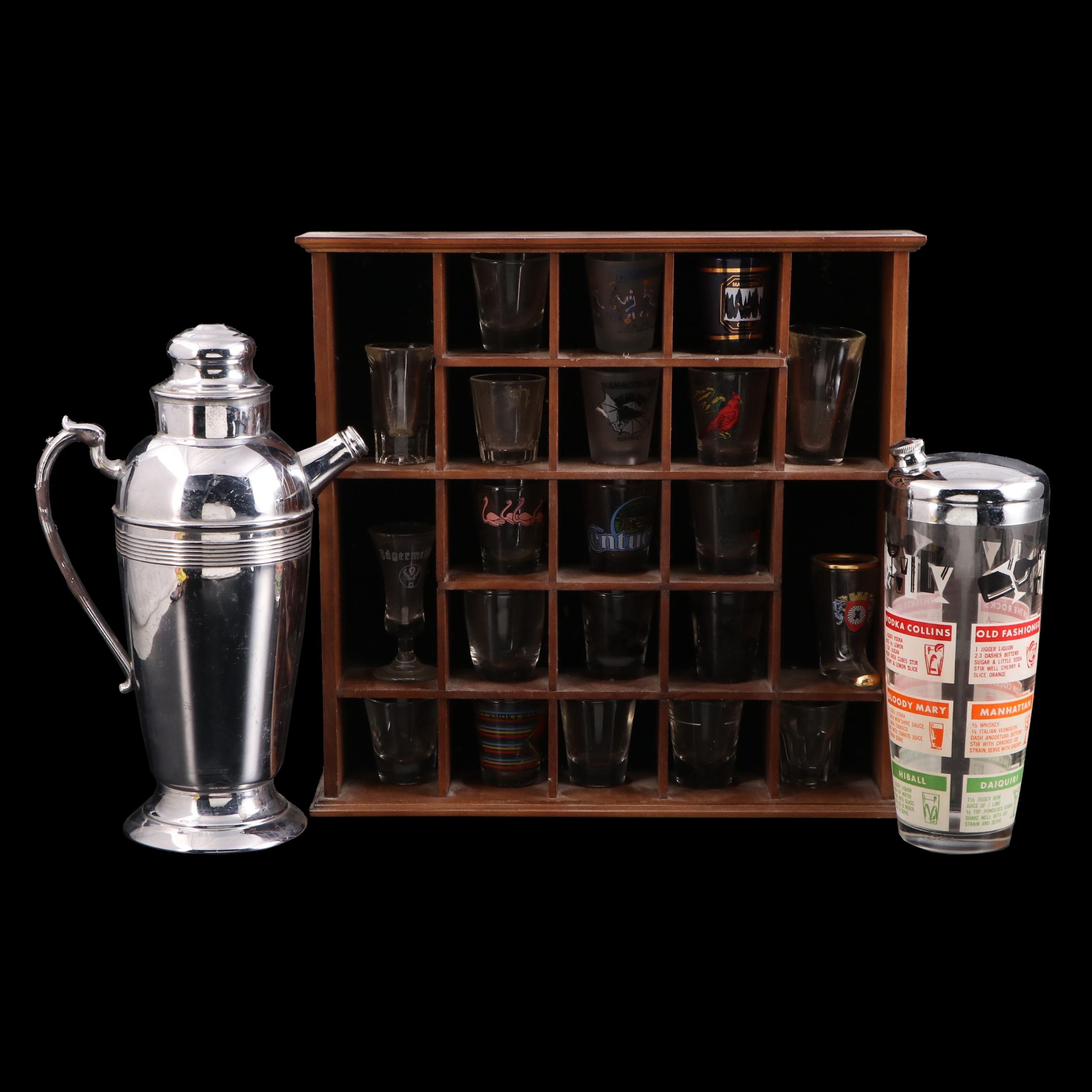 Art Deco Style Chrome and Other Glass Cocktail Shakers with Shot Glasses