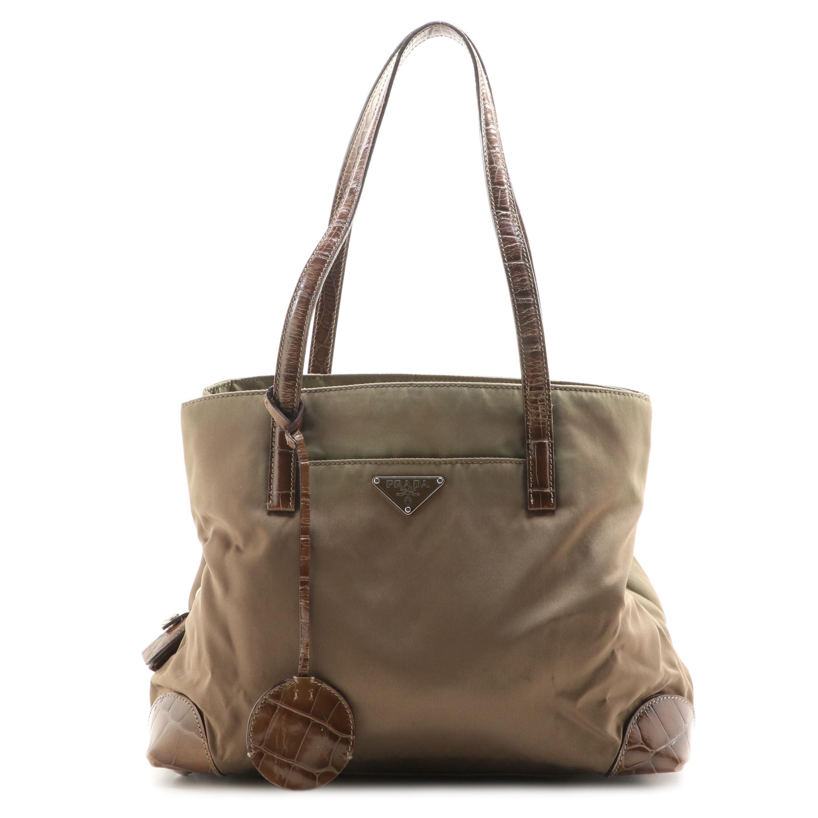 Prada Small Tote in Nylon and Embossed Leather