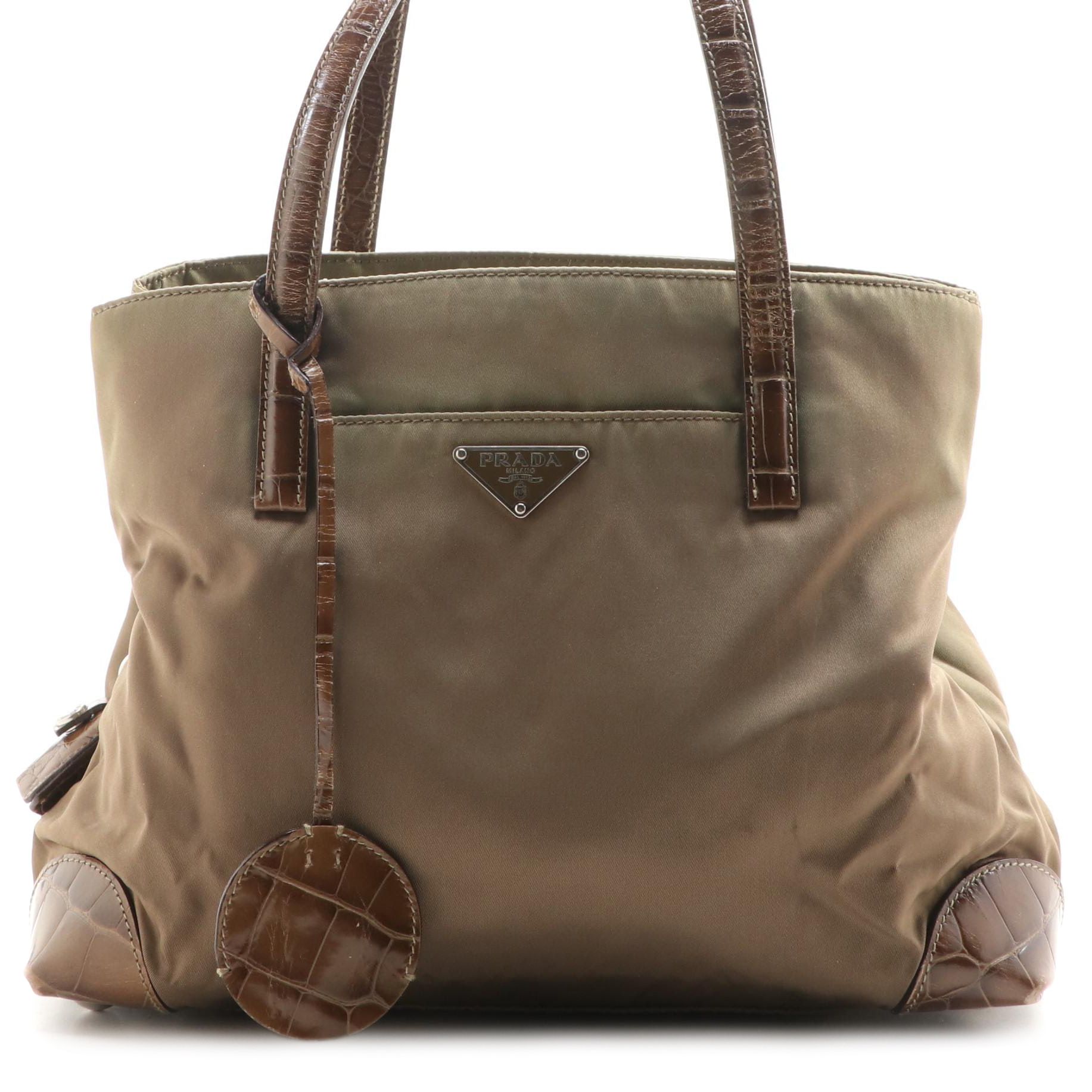 Prada Small Tote in Nylon and Embossed Leather