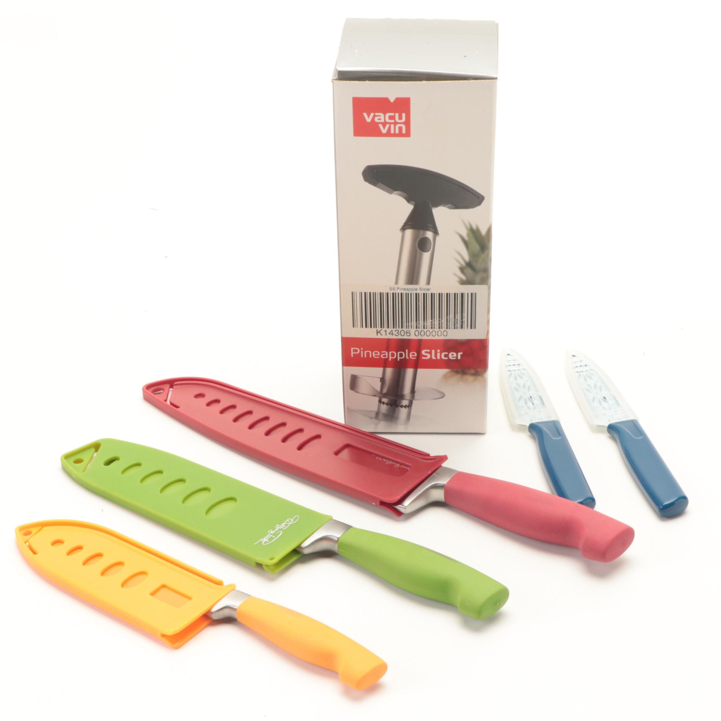 Wolfgang Puck Colored Non-Stick Knives with Vacu Vin Pineapple Slicer