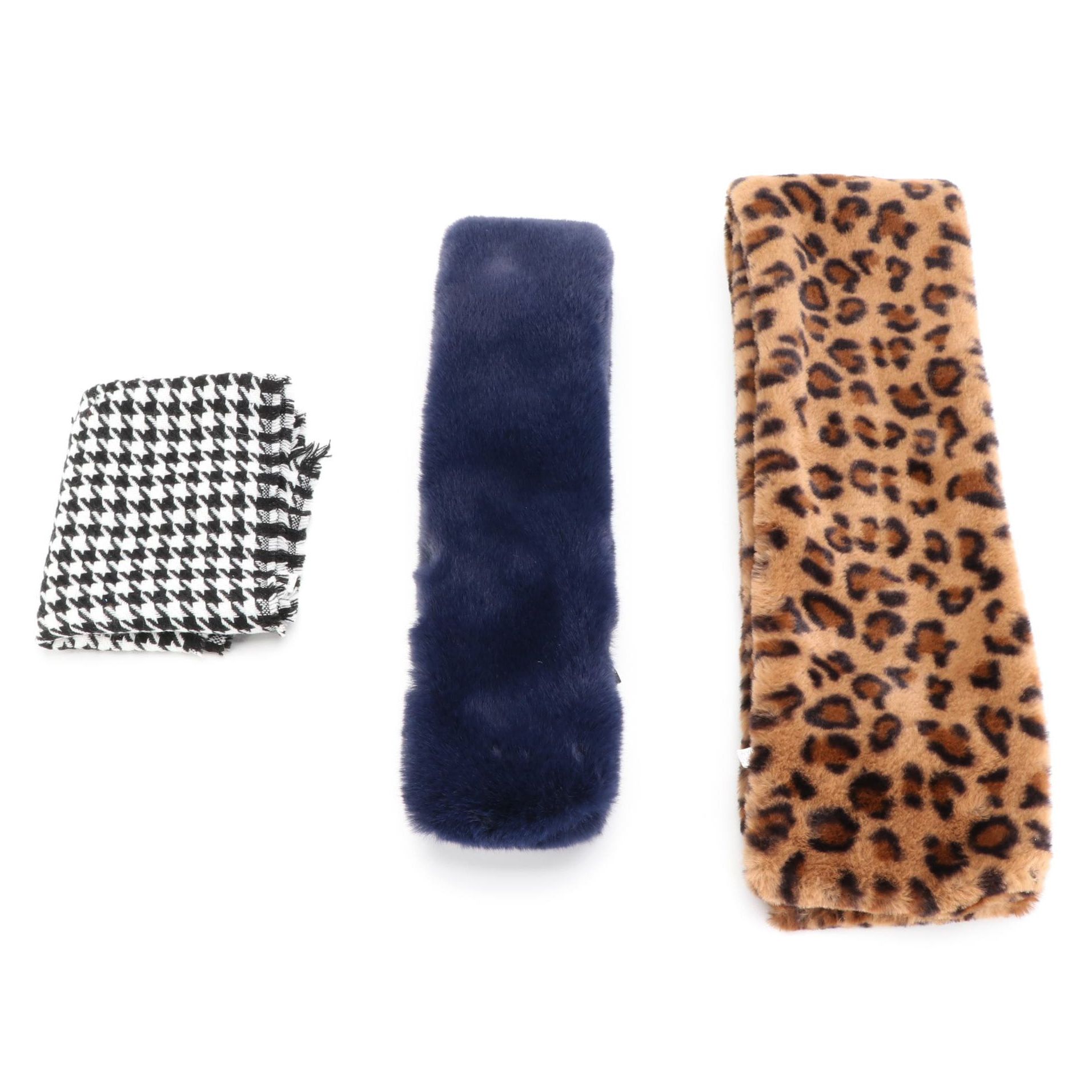 Houndstooth Check Scarf and Tuck-in Faux Fur Scarves in Solid and Leopard Print