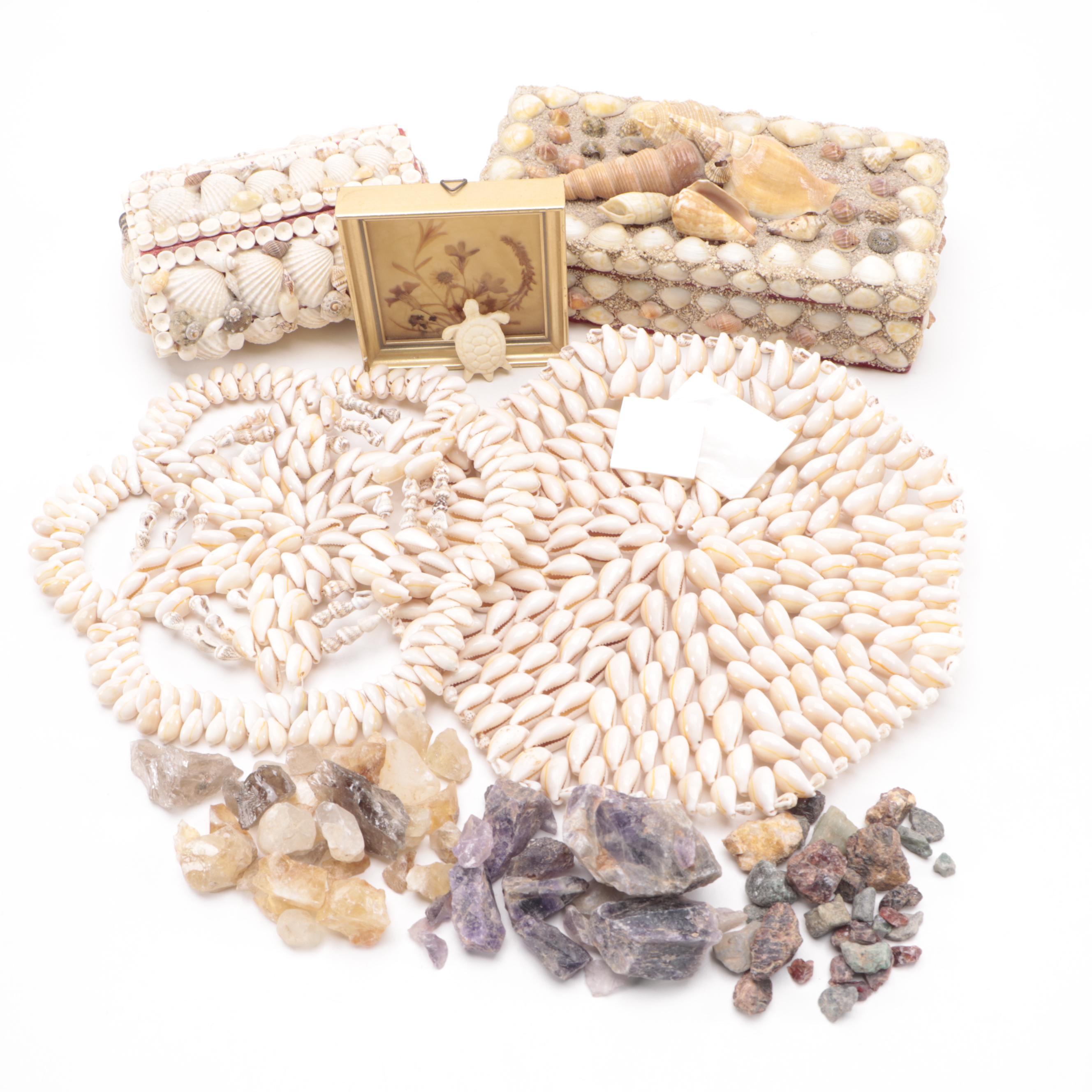 Seashell Boxes and Trivets with Mineral Specimens and Pressed Flowers