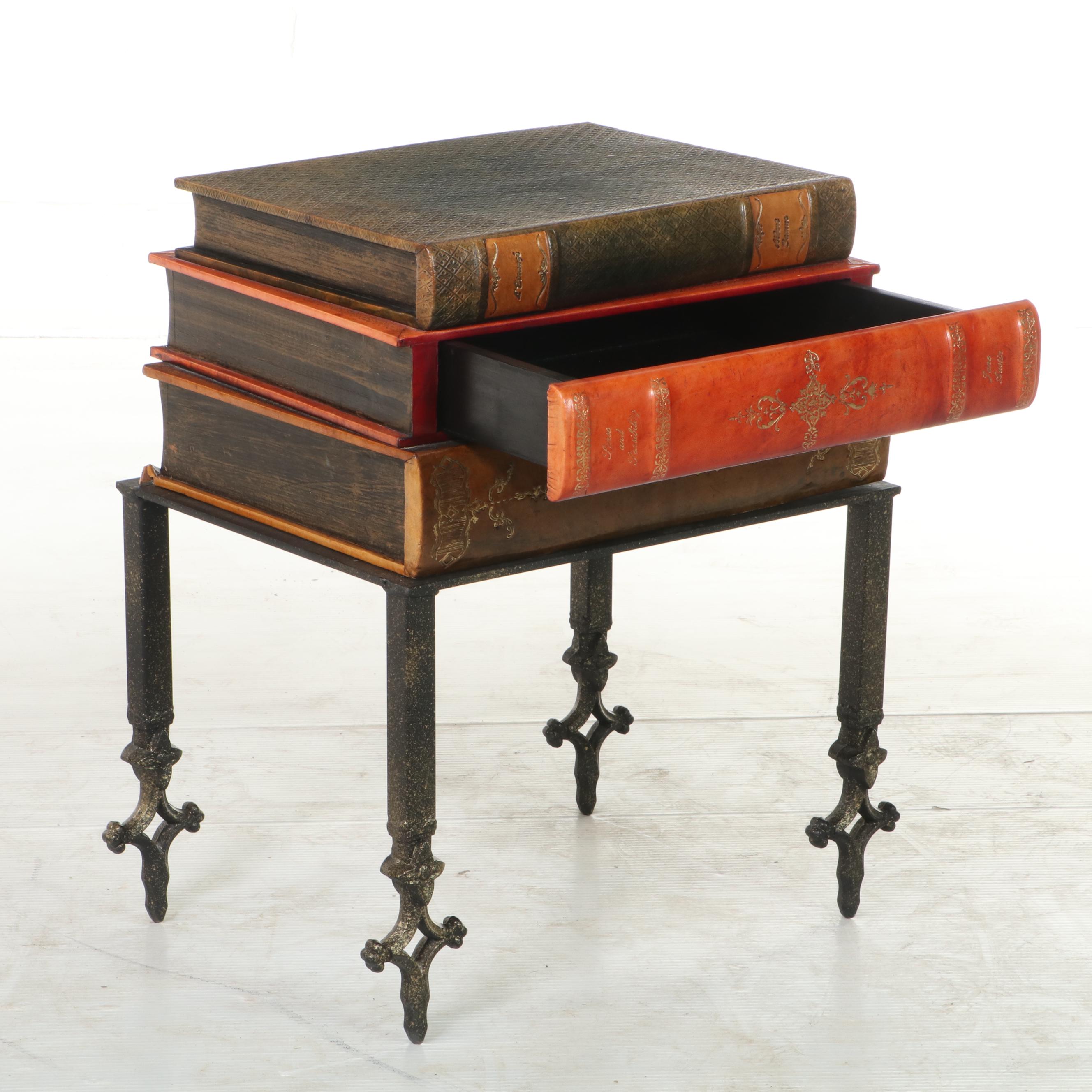 Sarreid Ltd. Iron and Tooled Leather "Stacked Books" Side Table