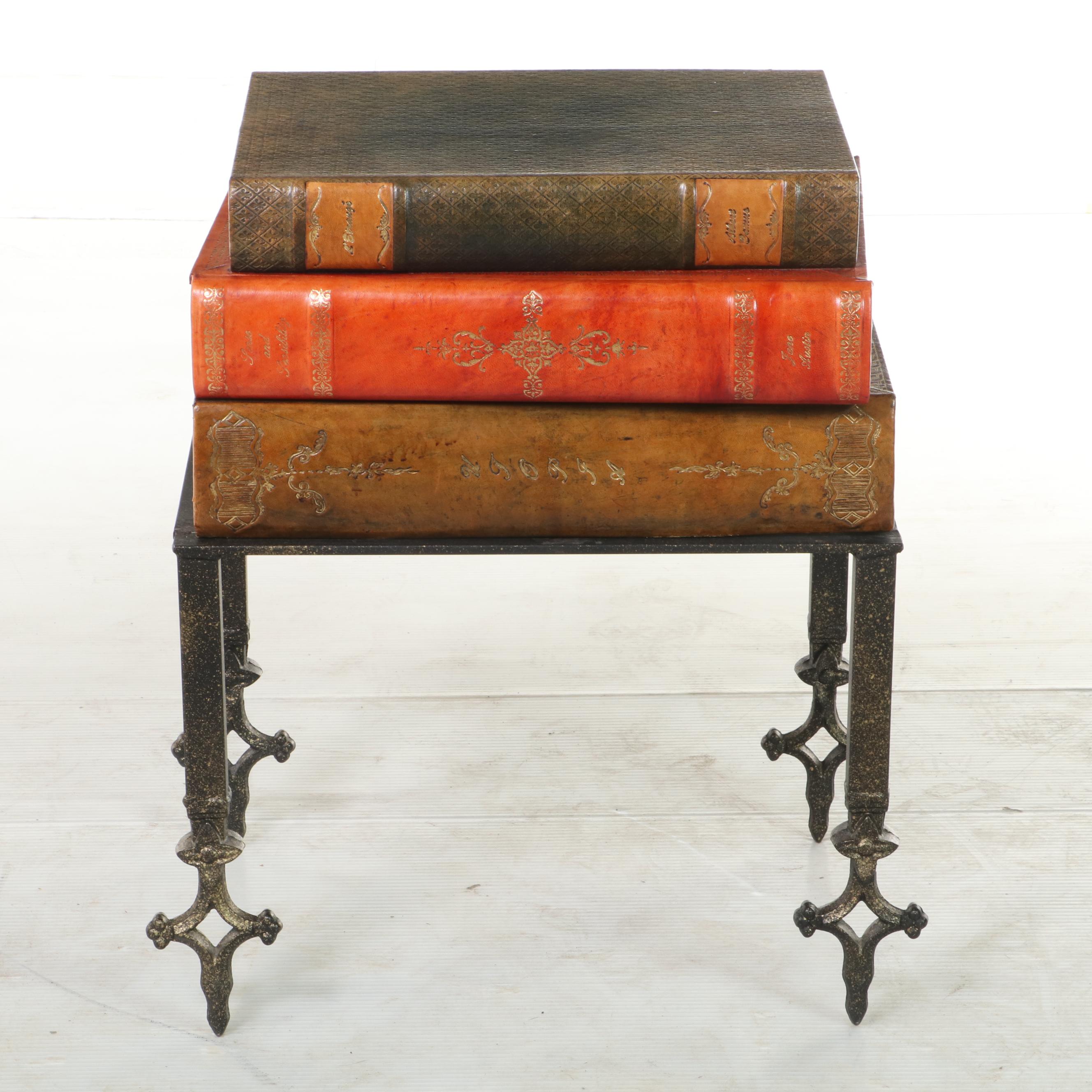 Sarreid Ltd. Iron and Tooled Leather "Stacked Books" Side Table