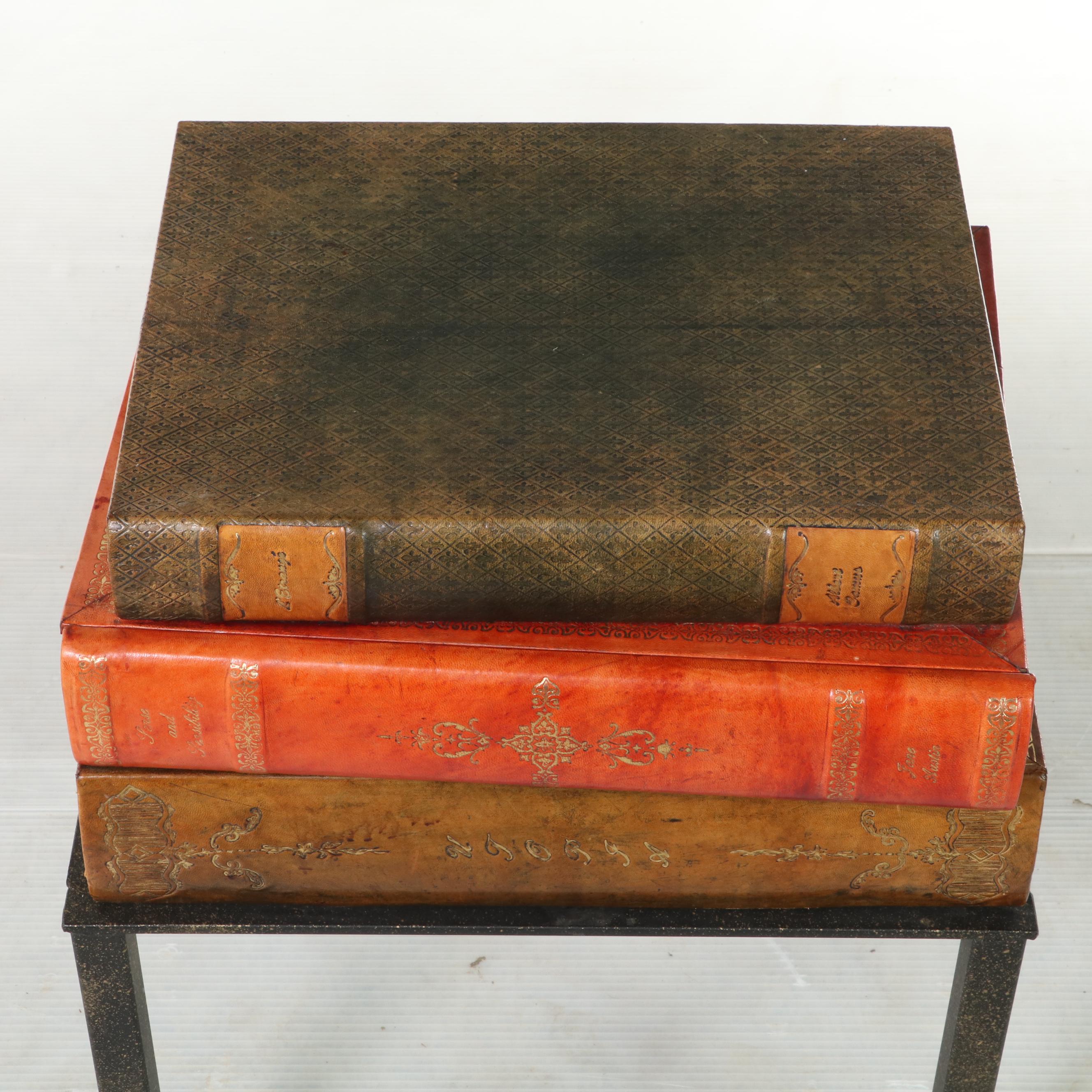Sarreid Ltd. Iron and Tooled Leather "Stacked Books" Side Table