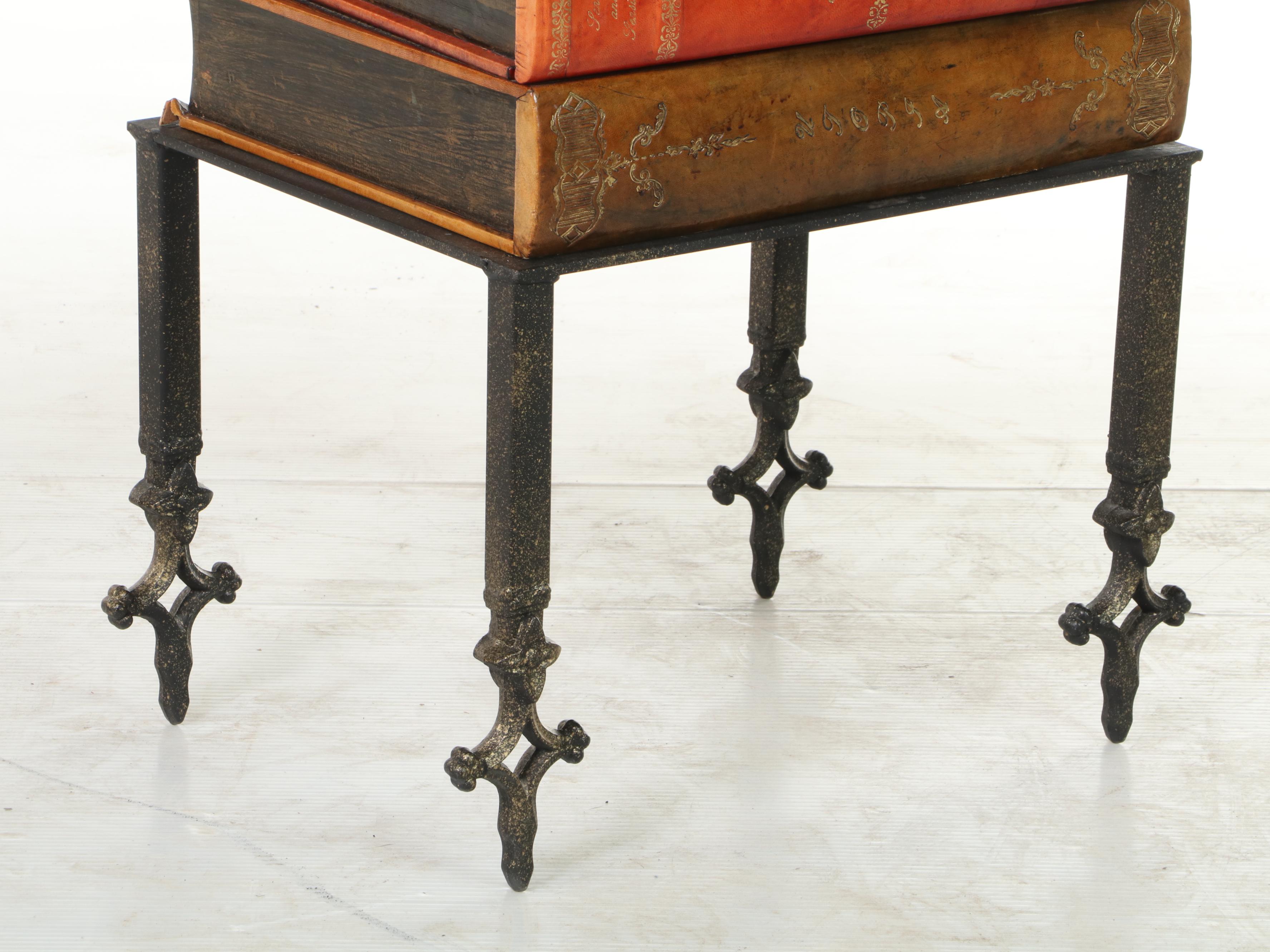 Sarreid Ltd. Iron and Tooled Leather "Stacked Books" Side Table