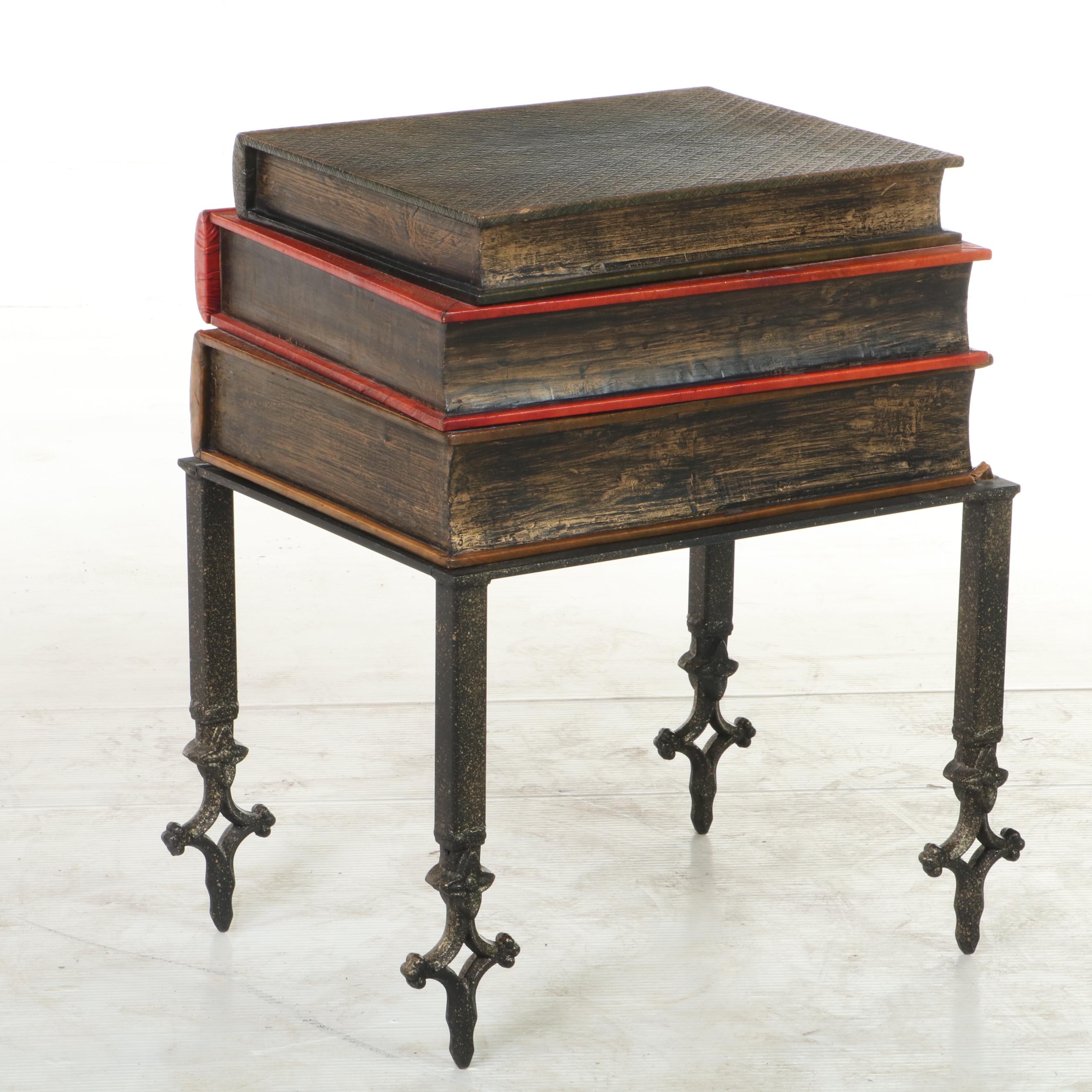 Sarreid Ltd. Iron and Tooled Leather "Stacked Books" Side Table