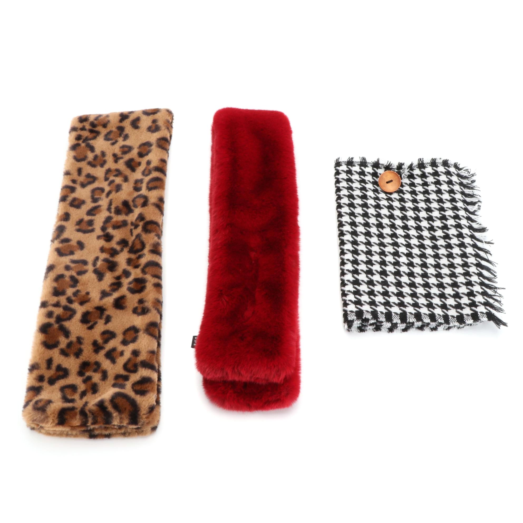 Tuck-in Faux Fur Scarves in Leopard Print and Red with Houndstooth Check Scarf