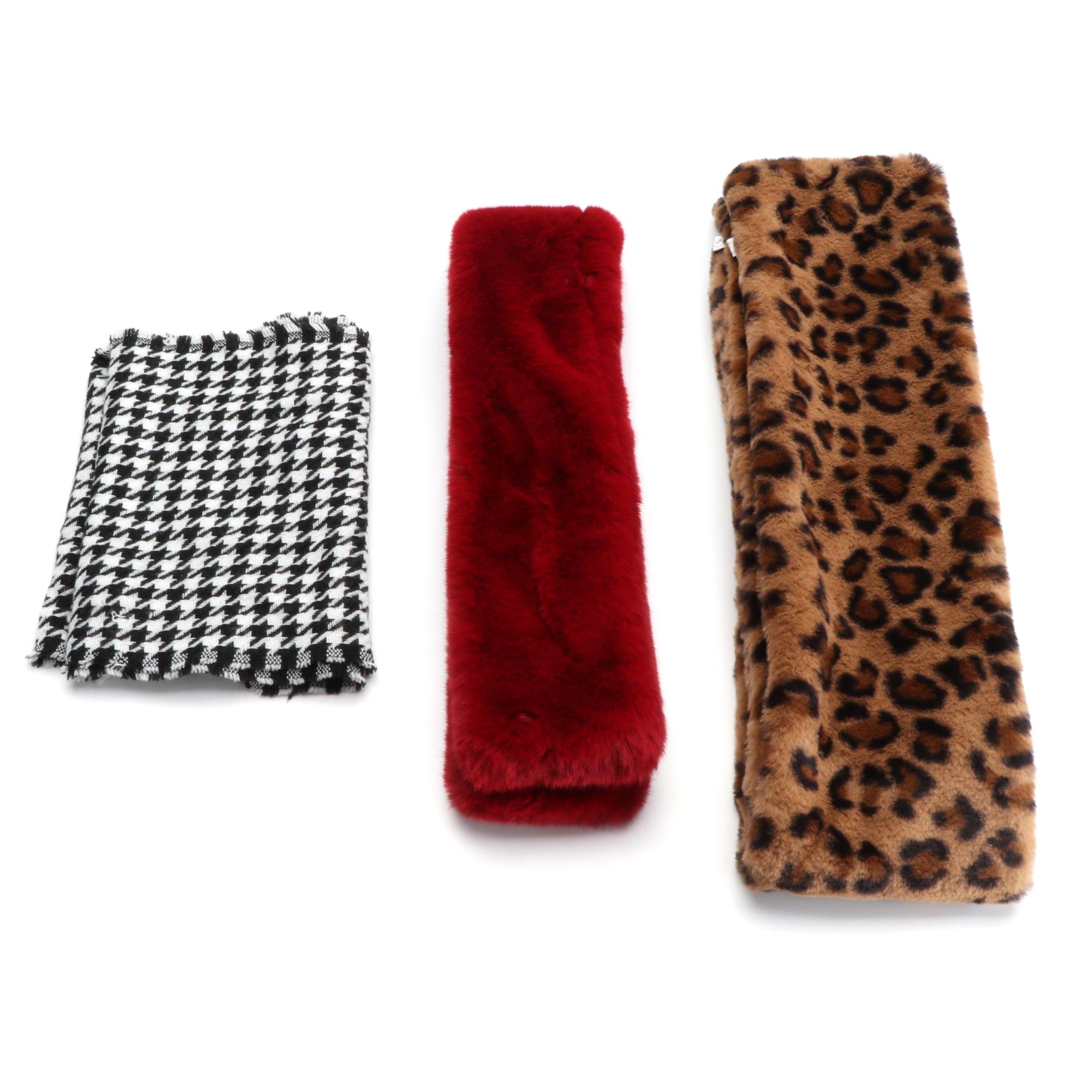 Houndstooth Check Scarf with Tuck-in Faux Fur Scarves in Leopard Print and Solid