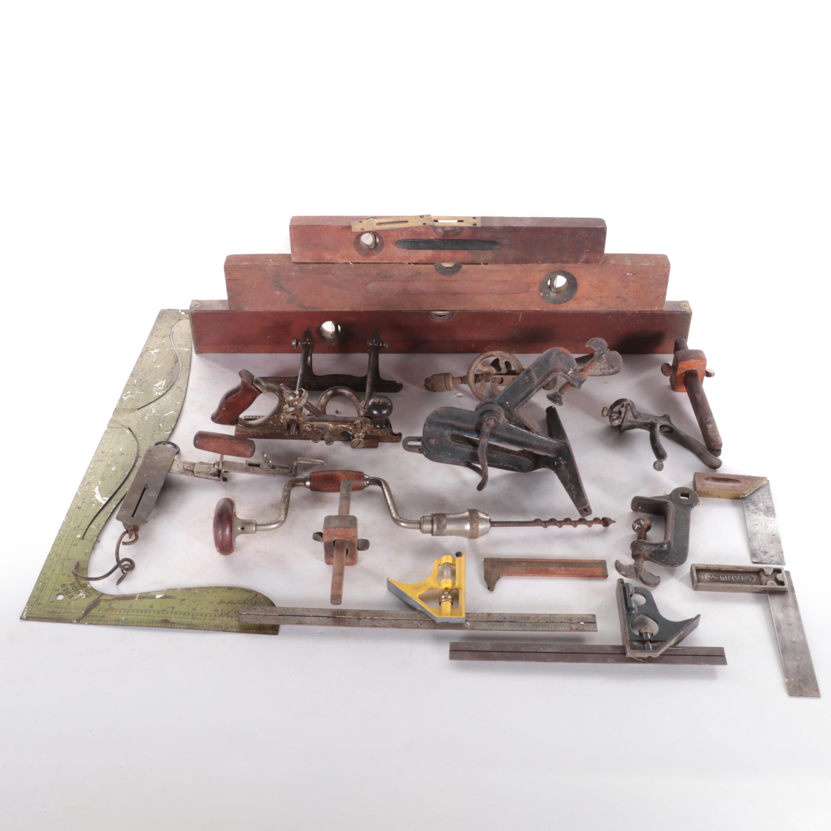 Stanley Brass Mounted Wooden Levels and Other Woodworking Tools