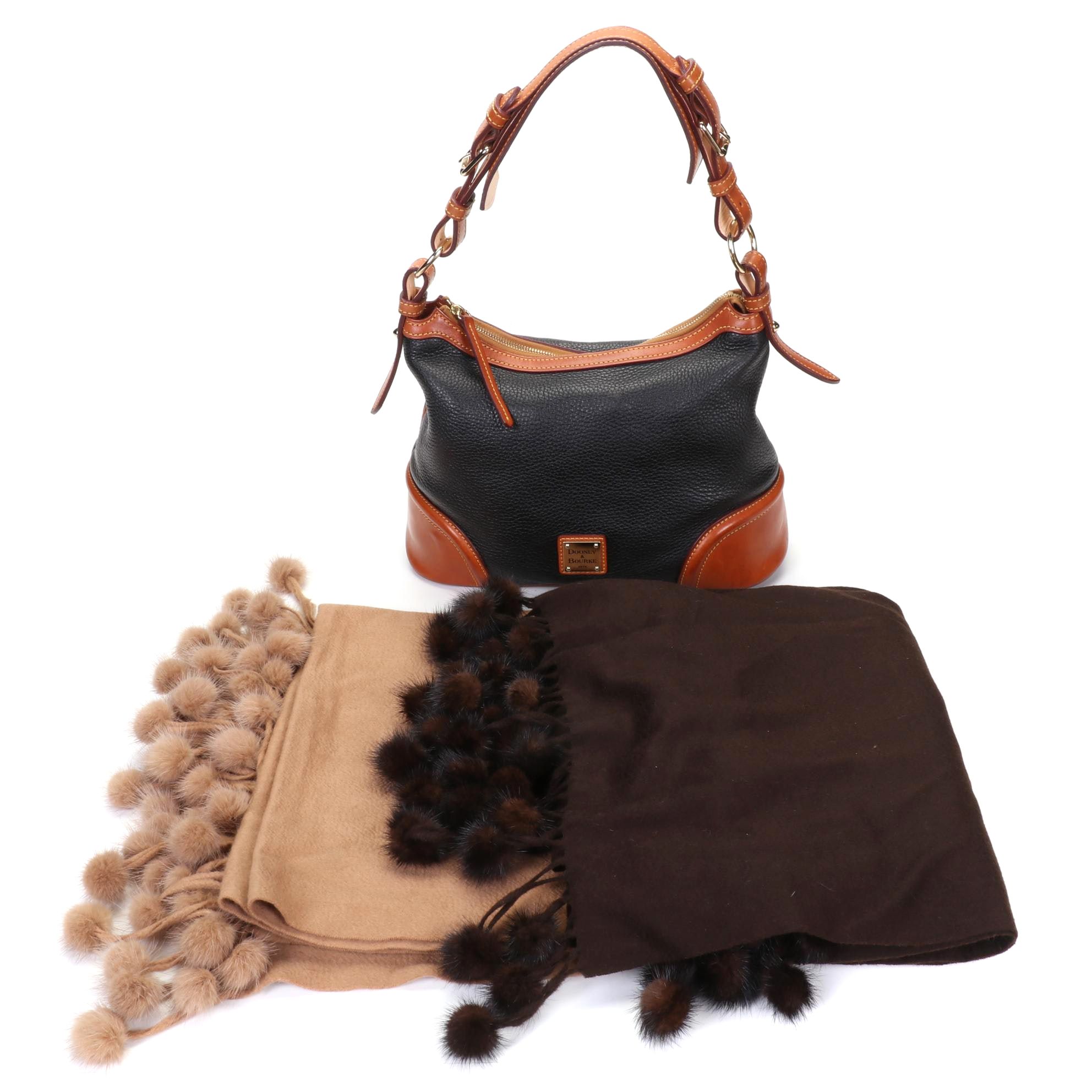 Cashmere and Pom-Pom Mink Fur Scarves with Dooney & Bourke Shoulder Bag