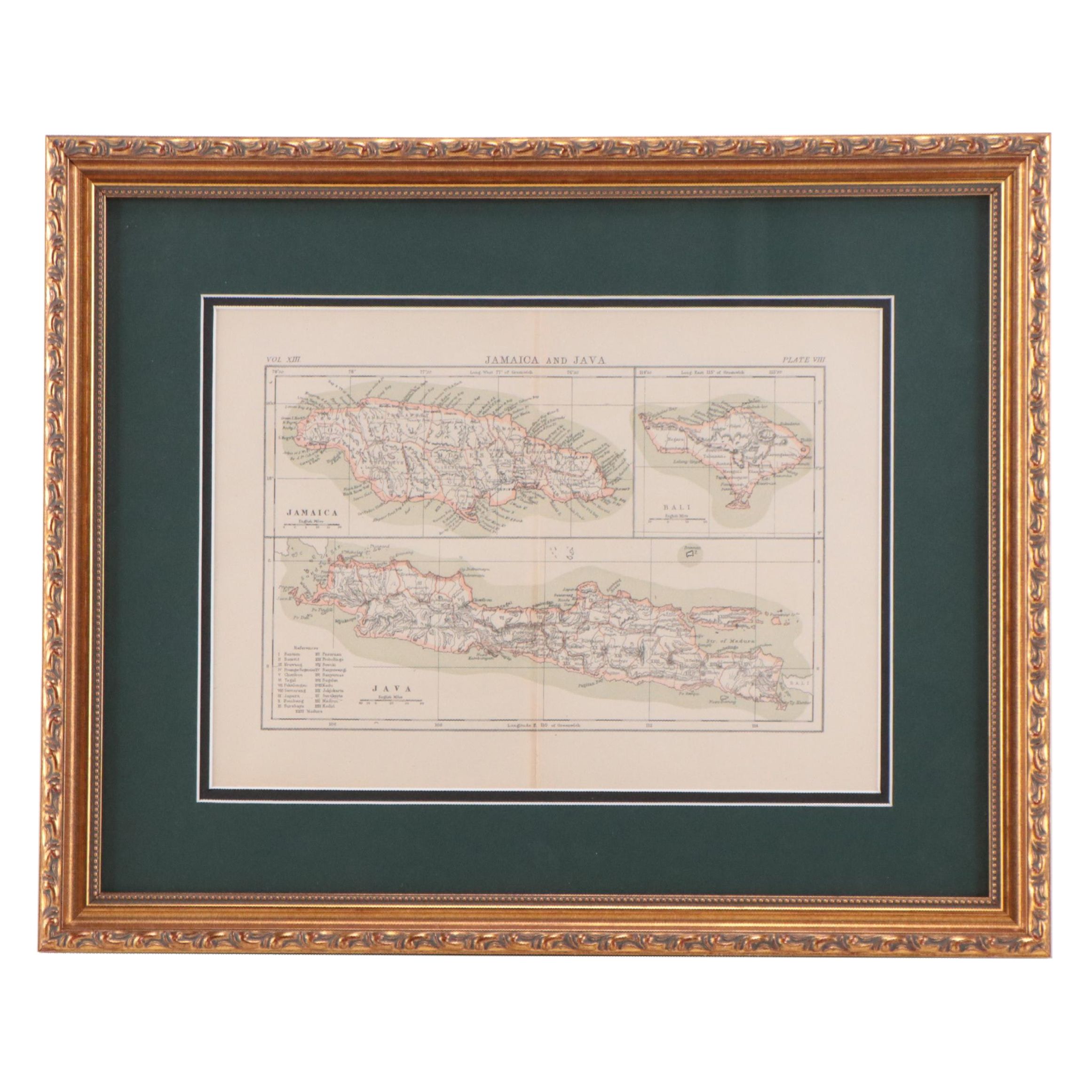 Encyclopædia Britannica Wax Engraving Map of Jamaica, Java and Bali, Circa 1880