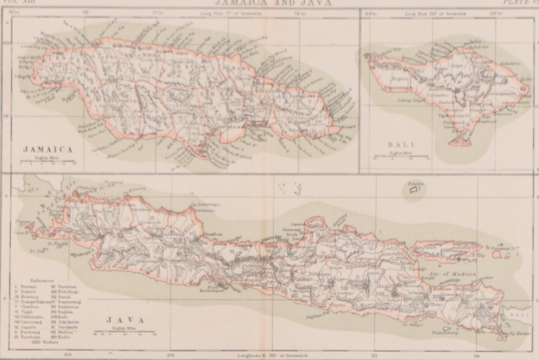 Encyclopædia Britannica Wax Engraving Map of Jamaica, Java and Bali, Circa 1880