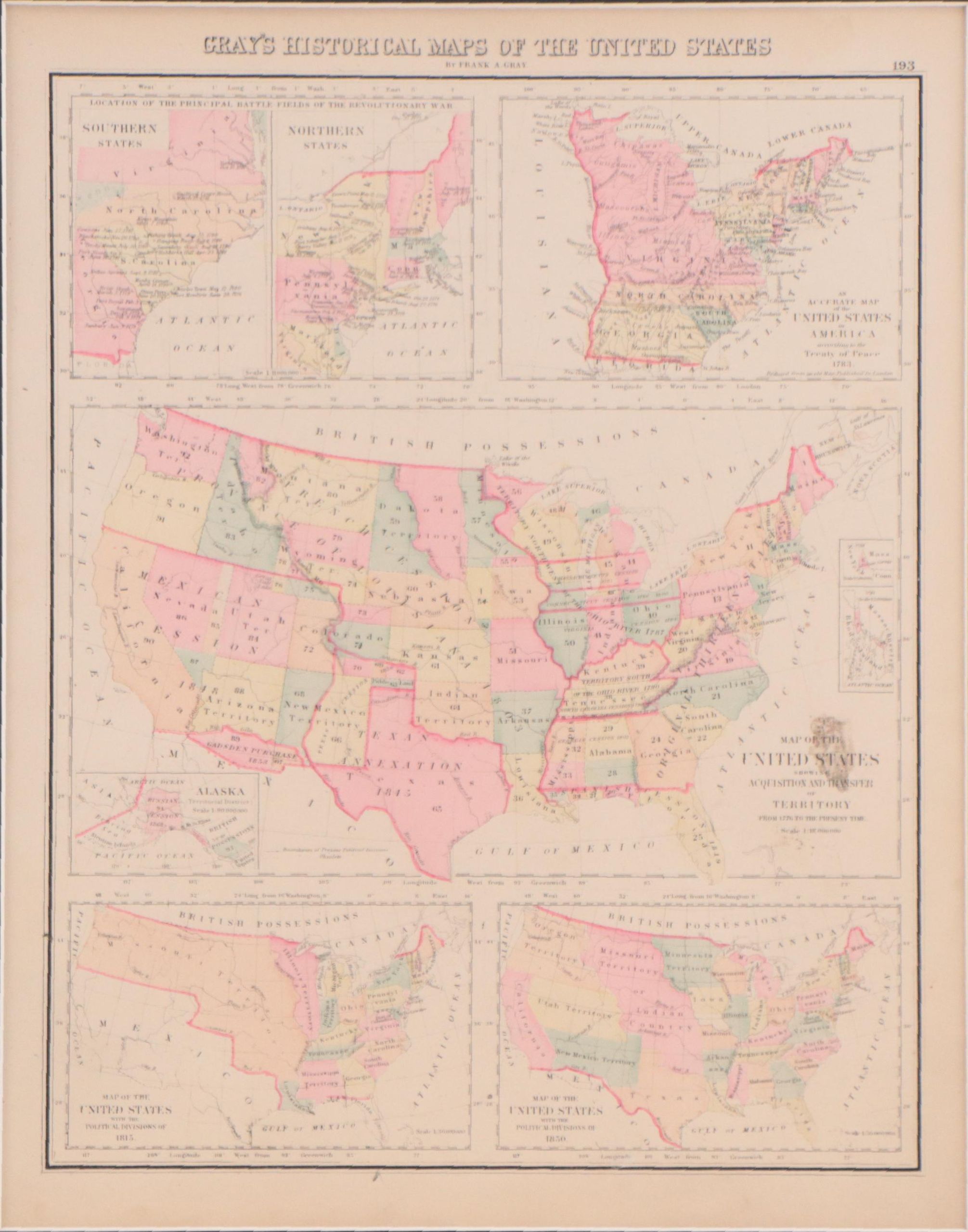 Hand-Colored Wax Engraving "Gray's Historical Maps of United States," Circa 1877