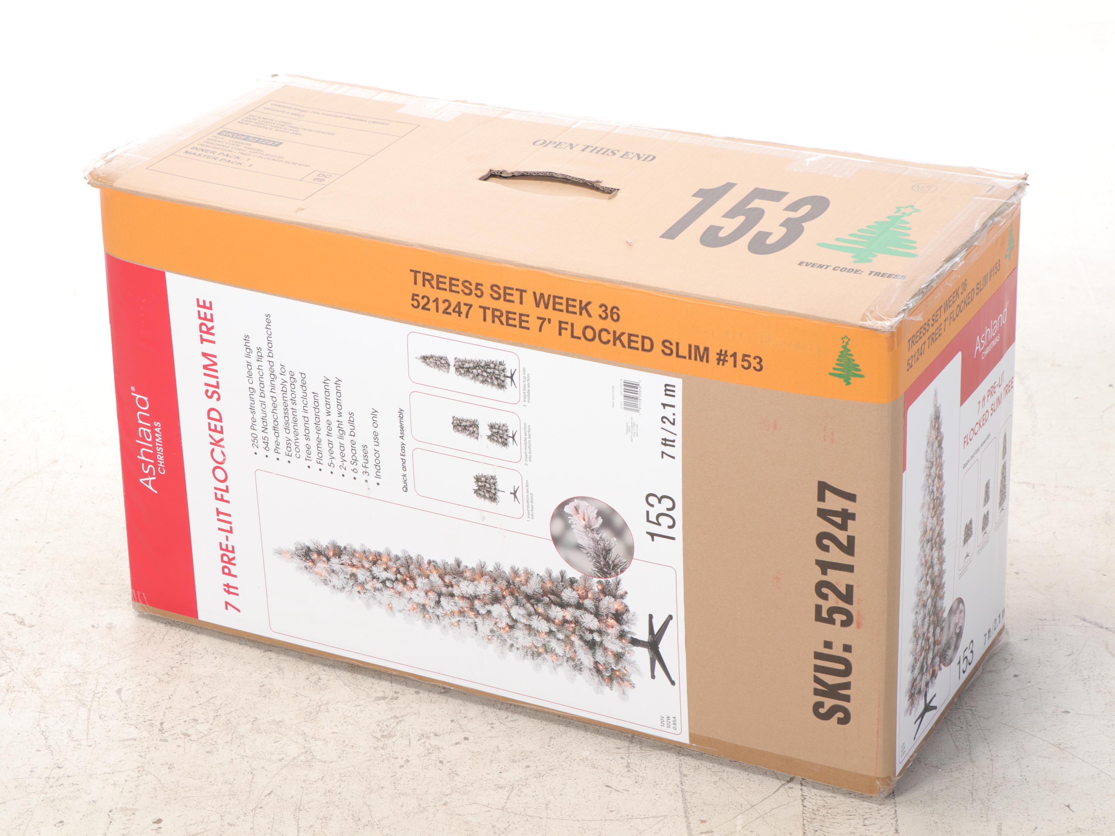 Ashland 7' Pre-Lit Flocked Slim Tree with Ornament Collection