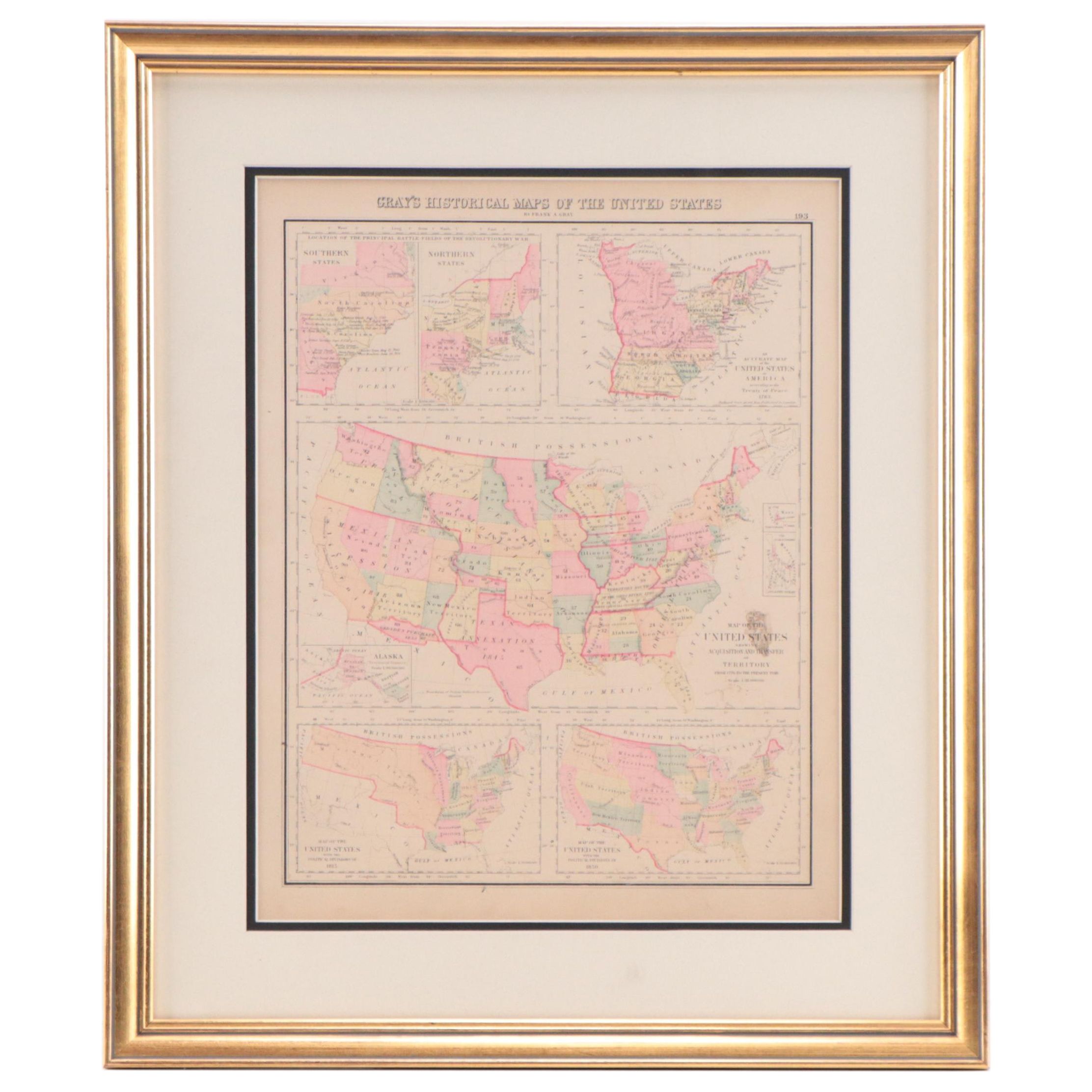 Hand-Colored Wax Engraving "Gray's Historical Maps of United States," Circa 1877