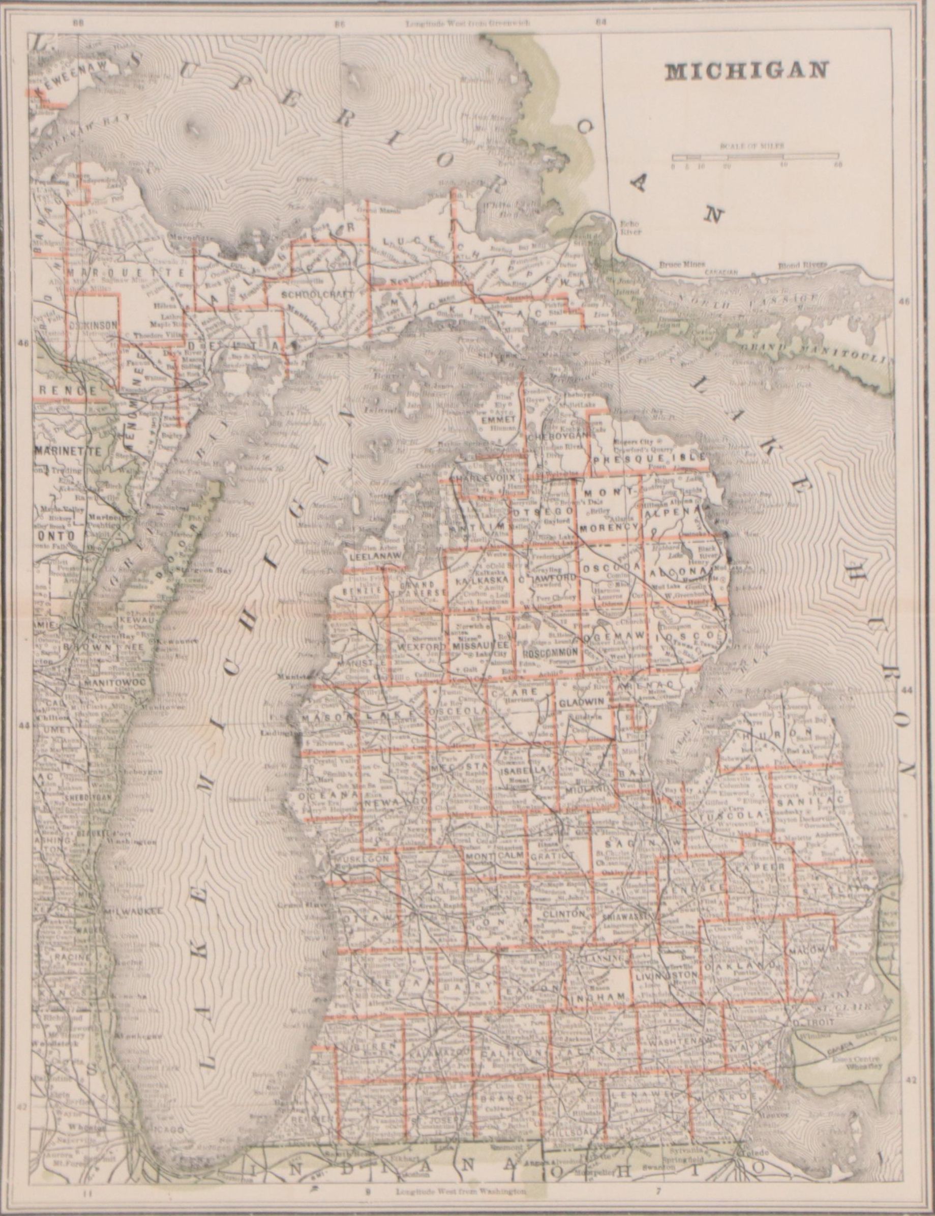 Wax Engraving Map of Michigan, Circa 1890