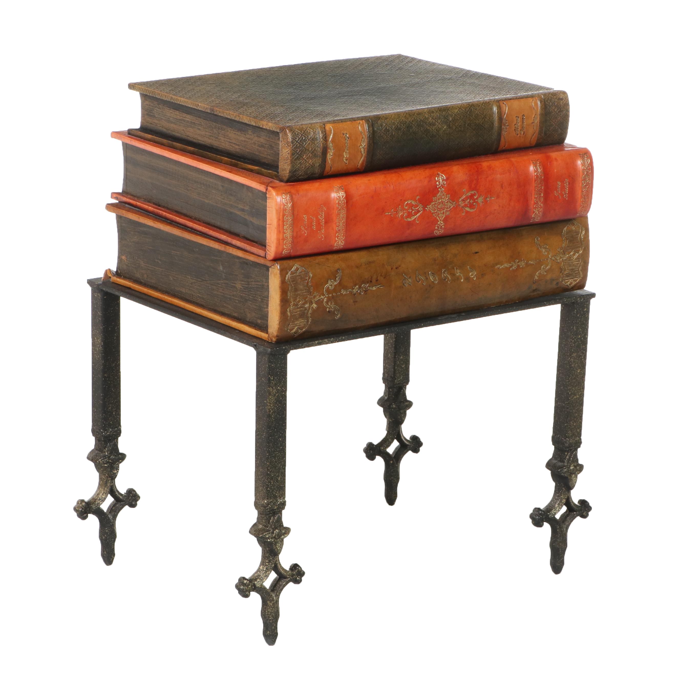 Sarreid Ltd. Iron and Tooled Leather "Stacked Books" Side Table