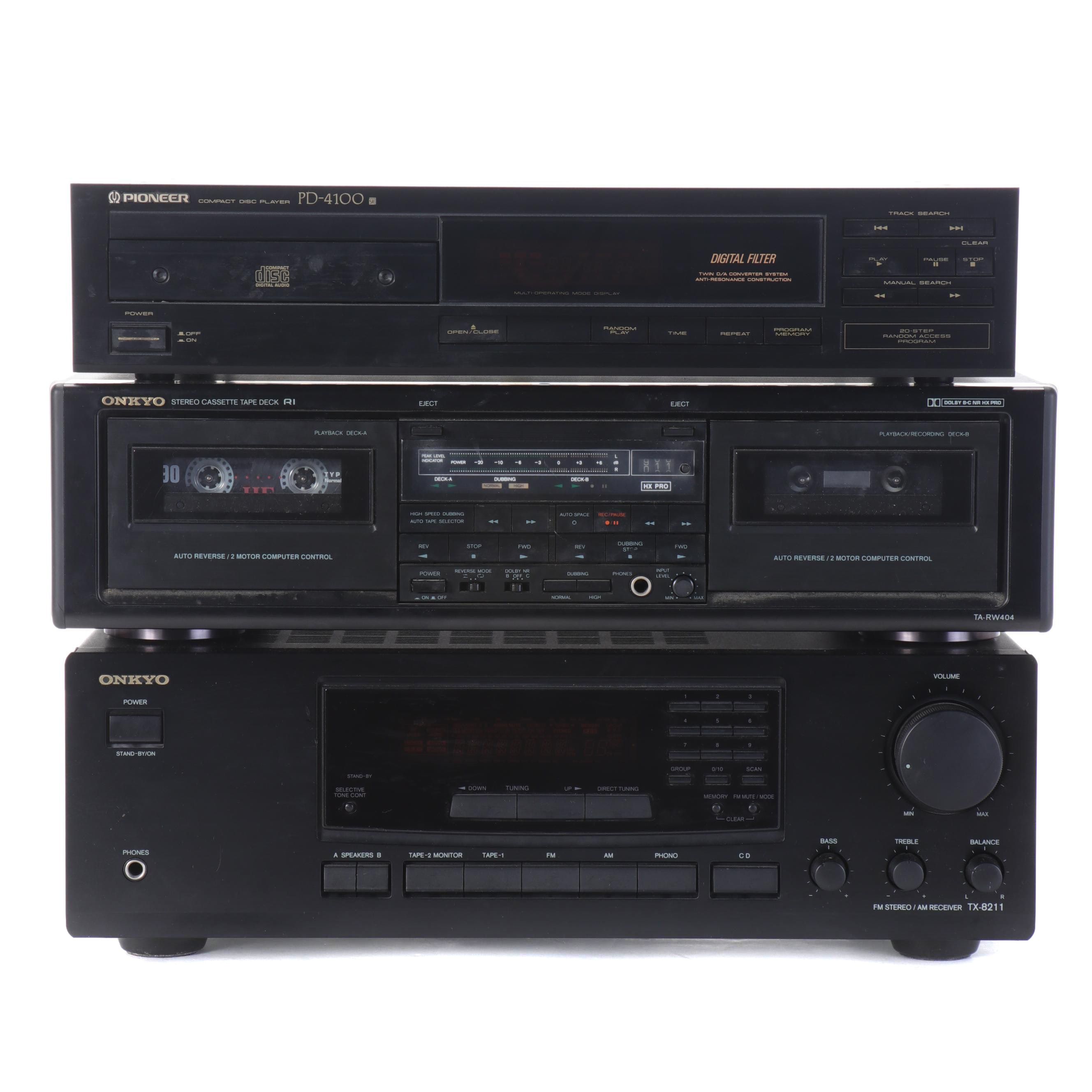 Onkyo Receiver and Stereo Cassette Tape Deck with Pioneer CD Player