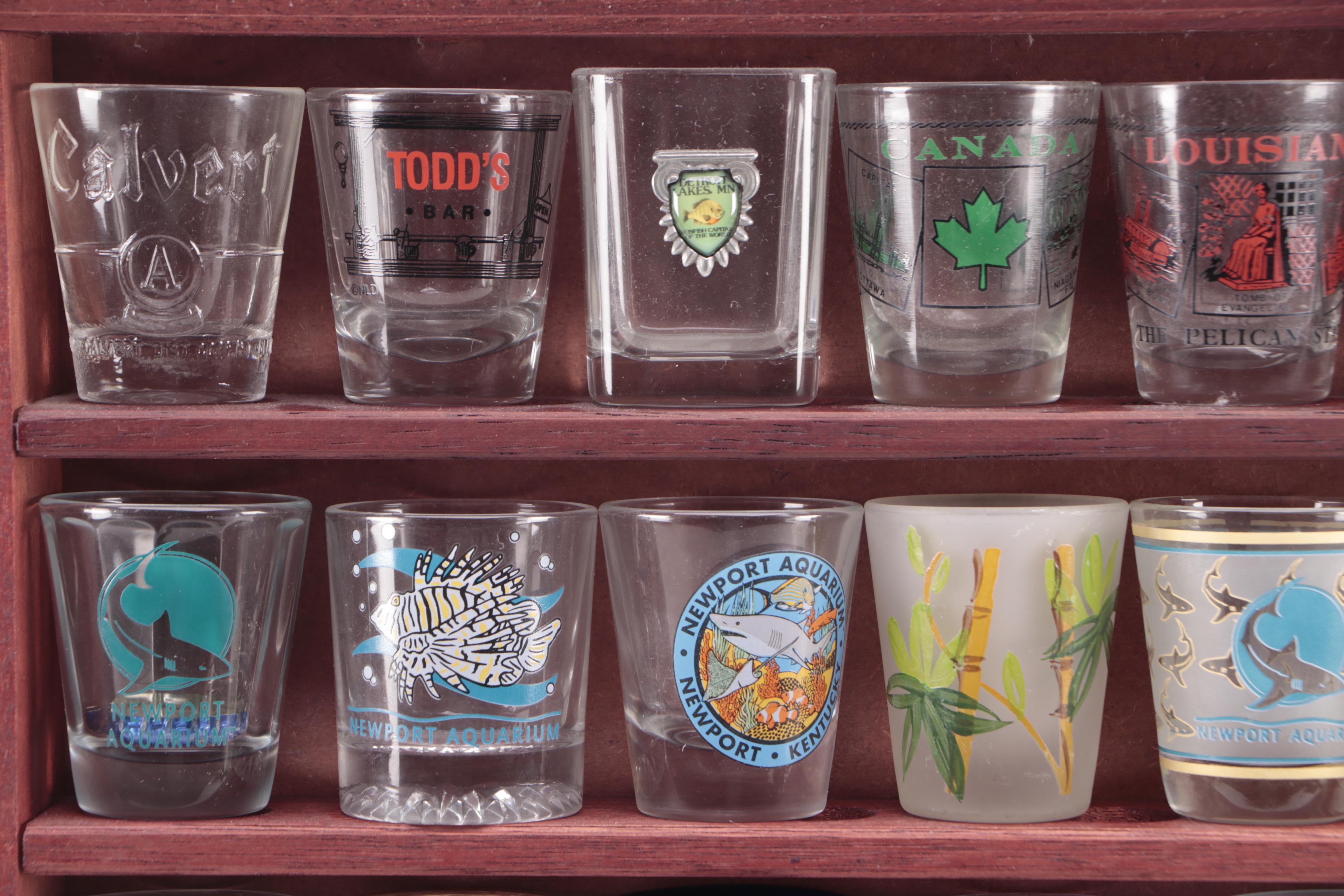 Souvenir Shot Glasses in Wooden Display Case