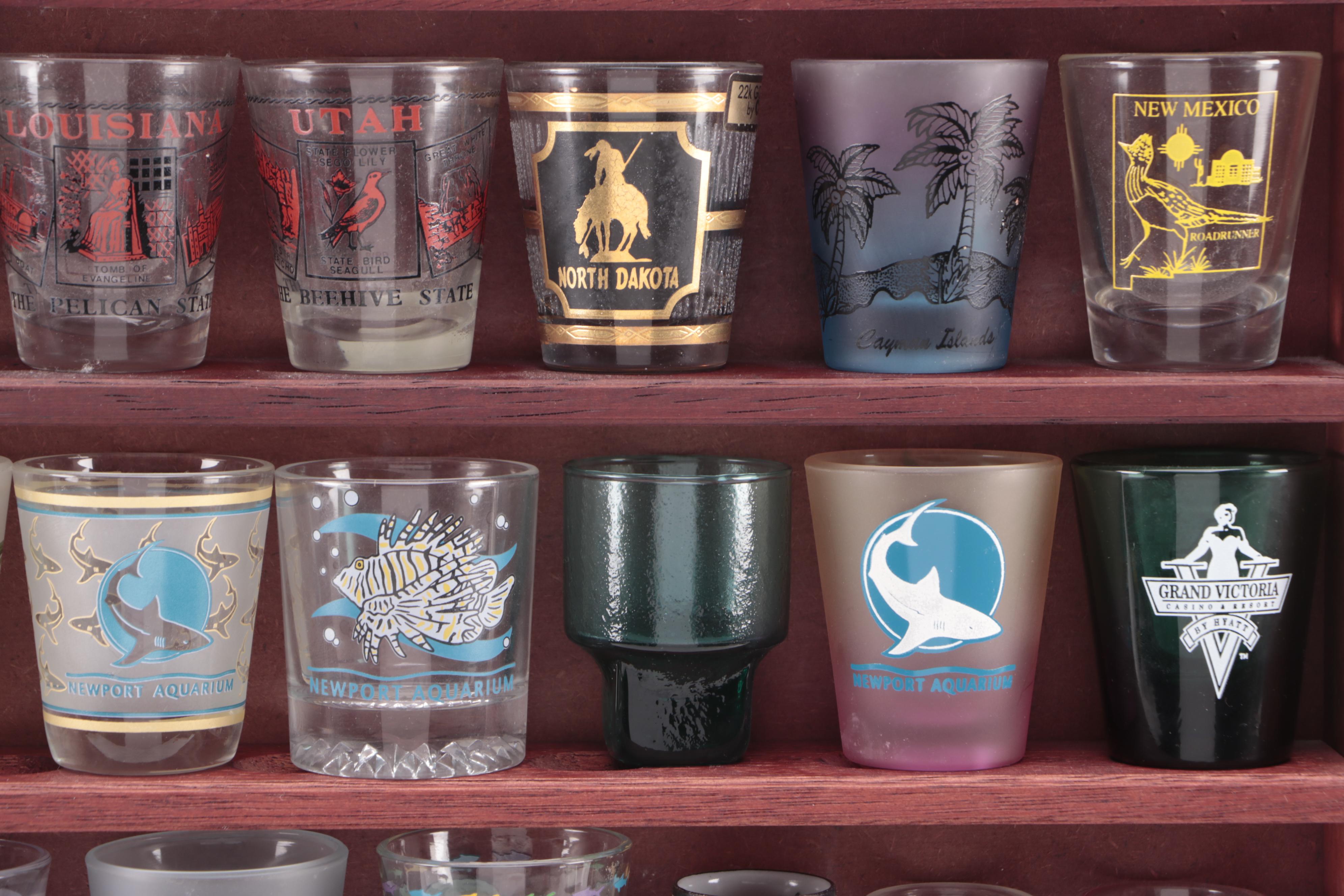 Souvenir Shot Glasses in Wooden Display Case
