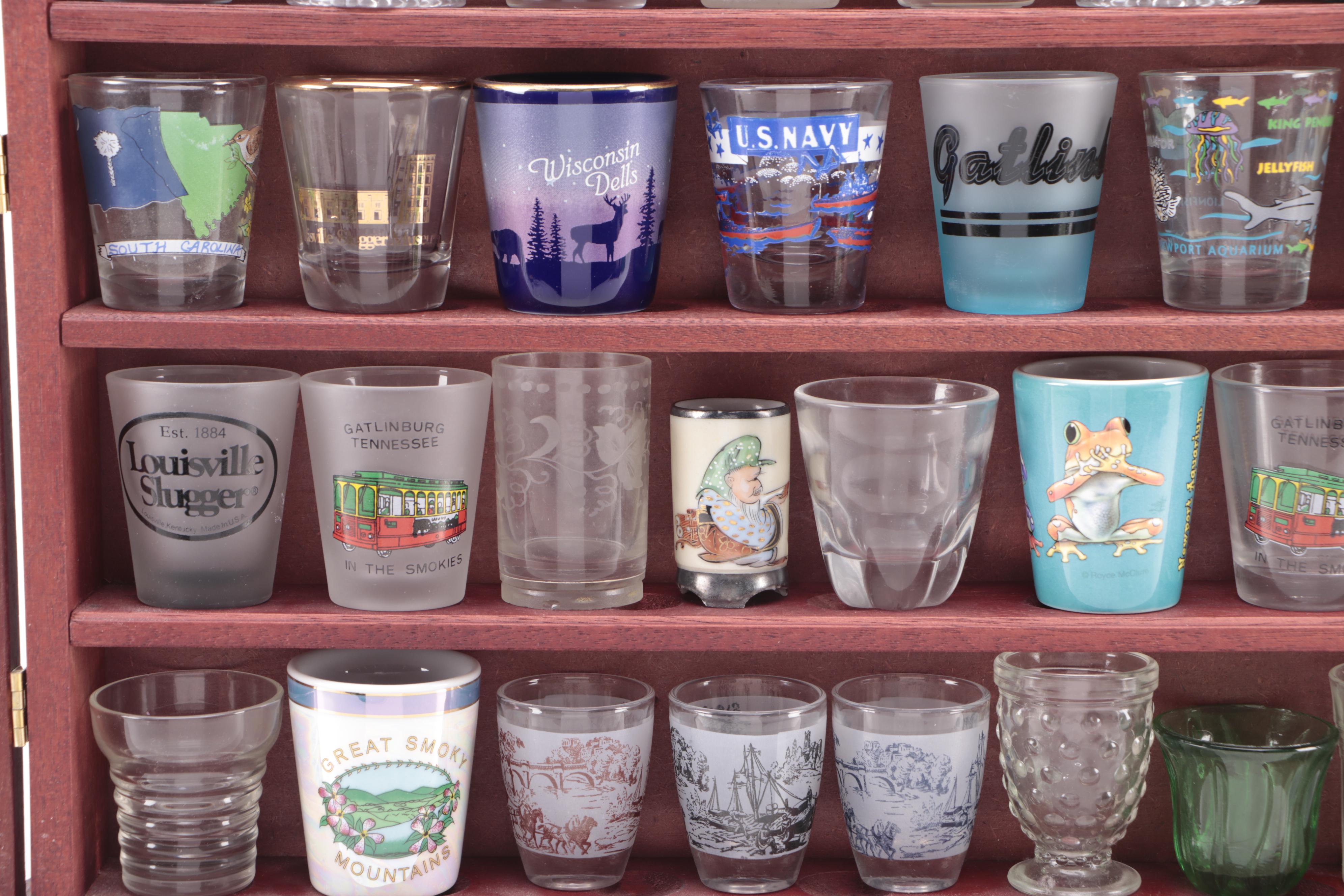 Souvenir Shot Glasses in Wooden Display Case
