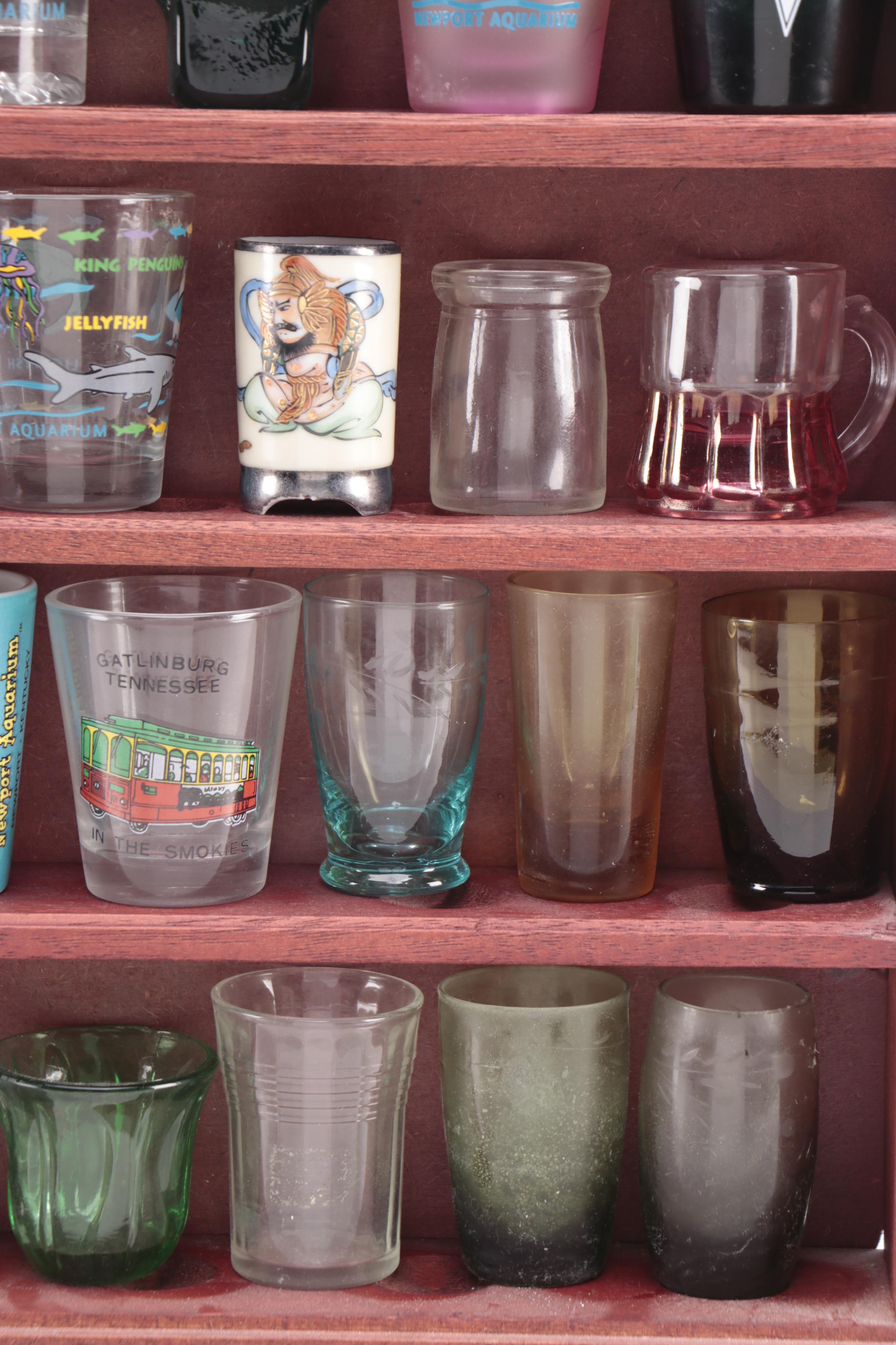 Souvenir Shot Glasses in Wooden Display Case