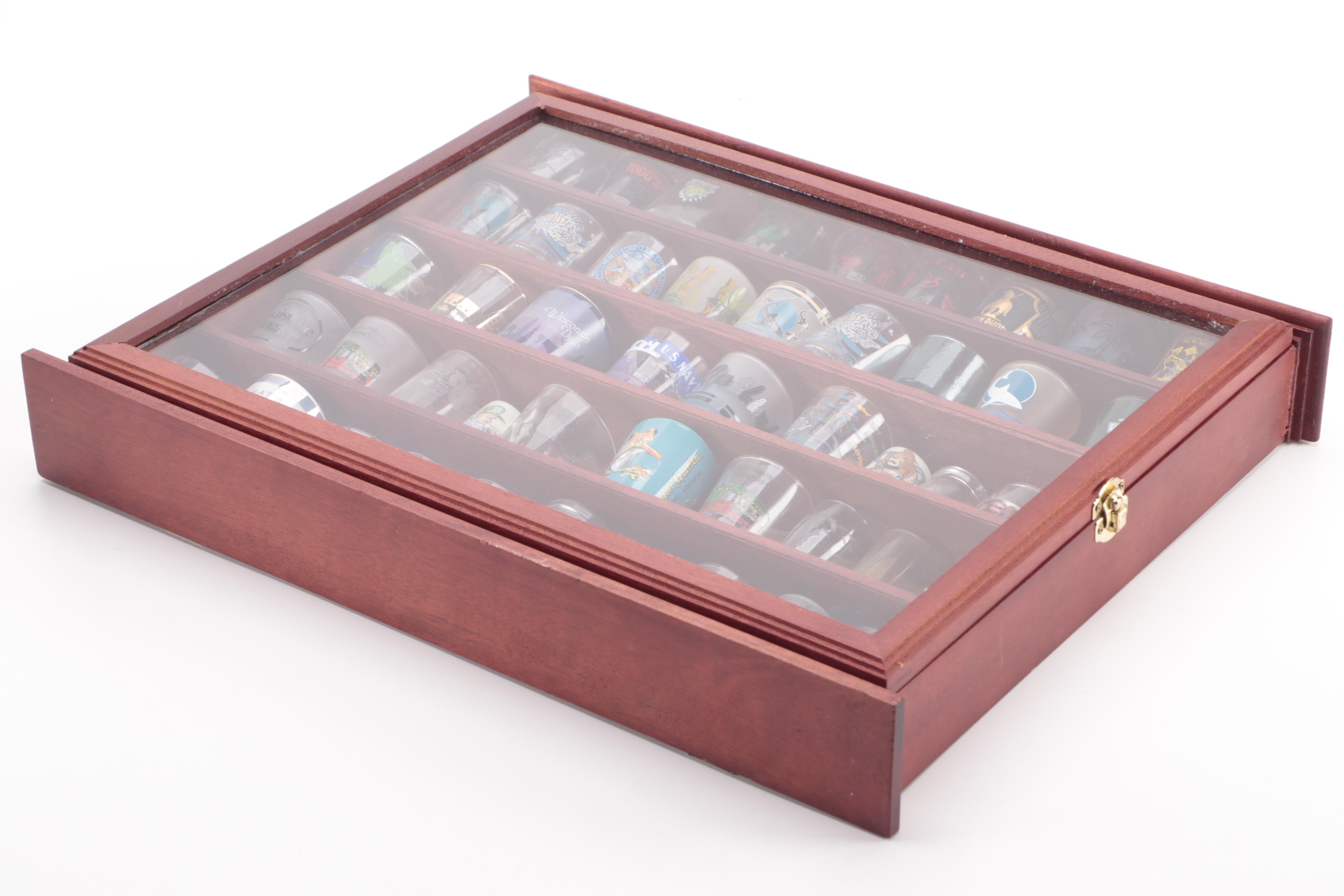 Souvenir Shot Glasses in Wooden Display Case